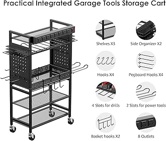 CCCEI Power Tool Organizer Cart with Charging Station, Garage Floor Rolling Storage Cart on Wheels for Mechanic, Mobile 6 Drill, Tool Box Utility Cart with Battery Charging Power Strip, Black