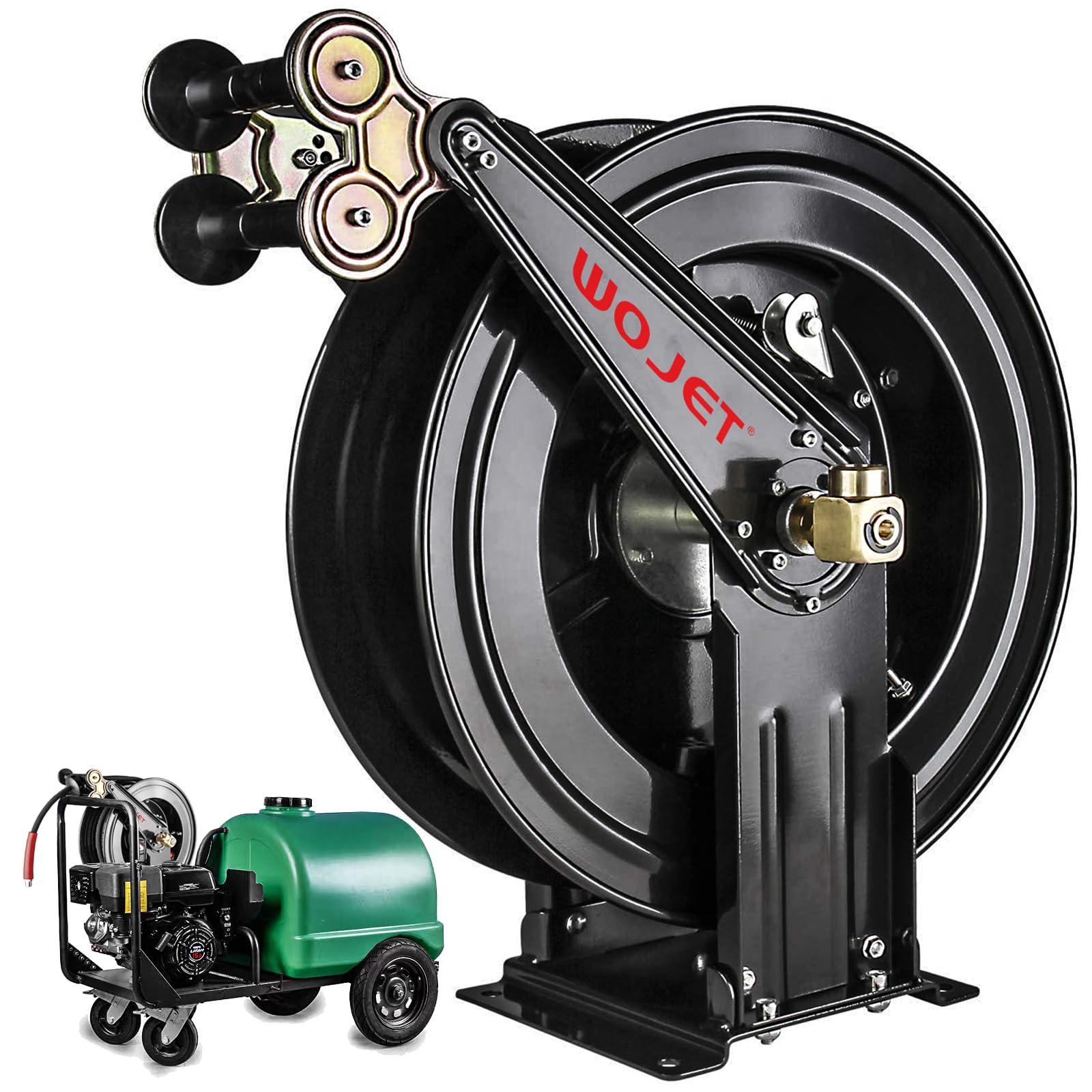 Hochdruckreiniger-Schlauchtrommel, 15 m, einziehbare Strahlreiniger-Schlauchtrommel für Wasser/Luft/Öl, robuster Stahl, zweiarmig, automatischer Rücklauf, Hochdruck, max. 4000 psi/275 bar (ohne