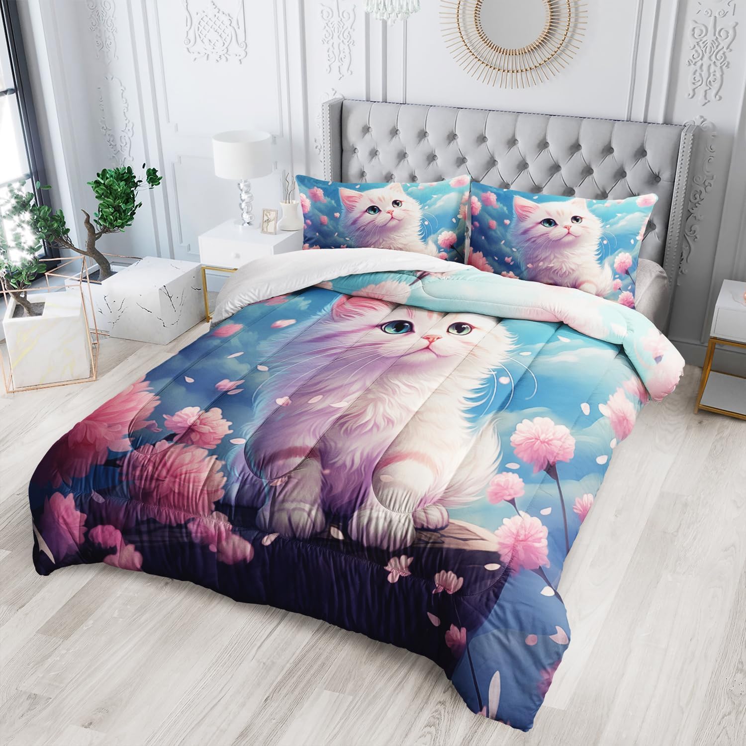 Suncloris Lovely Cartoon Kitten Comforter Set for Kids Teens, Queen Size Romantic Pink Flower Cat Bedding Quilt with 2 Cute Animal Themed Pillowcases- 90