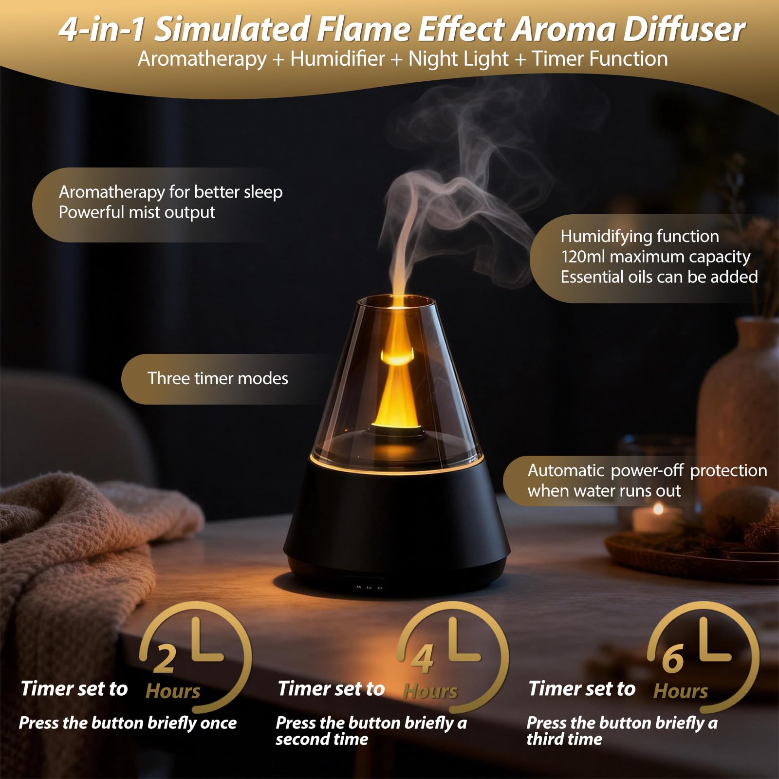 120ml Diffuser Aroma Diffuser mit Simuliertem Feuer & 7-Farbiger LED, Zeitschaltbar Diffuser Raumbefeuchter für Ätherische Öle mit, Romantisches Valentinstagsgeschenk Geschenk für Partner