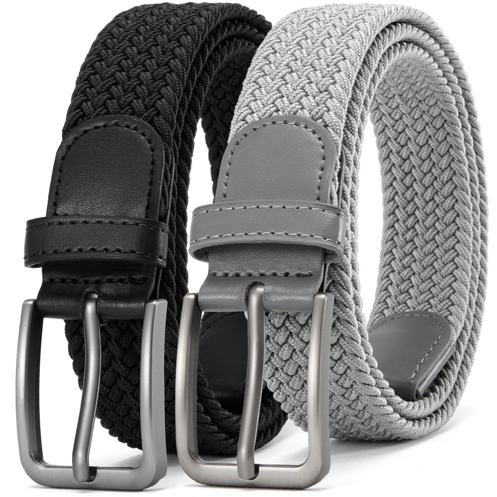 DOOPAI Elastic Braided Belt for Men 2 Pack, Stretch Woven Belt, casual Fabric Golf Belt, Black and Grey Belts Tight Performed Stretch Design Width 1 3/8