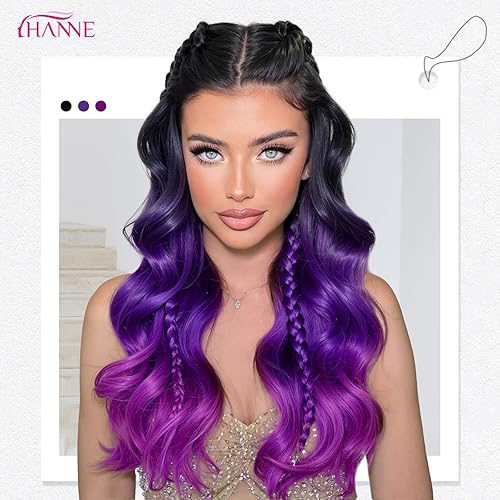 Miniatura 5 de HANNE Cabello ondulado sintético de color azulado de 18 pulgadas 20 pulgadas 22 pulgadas con cierre, cabello de fibra resistente al calor,
