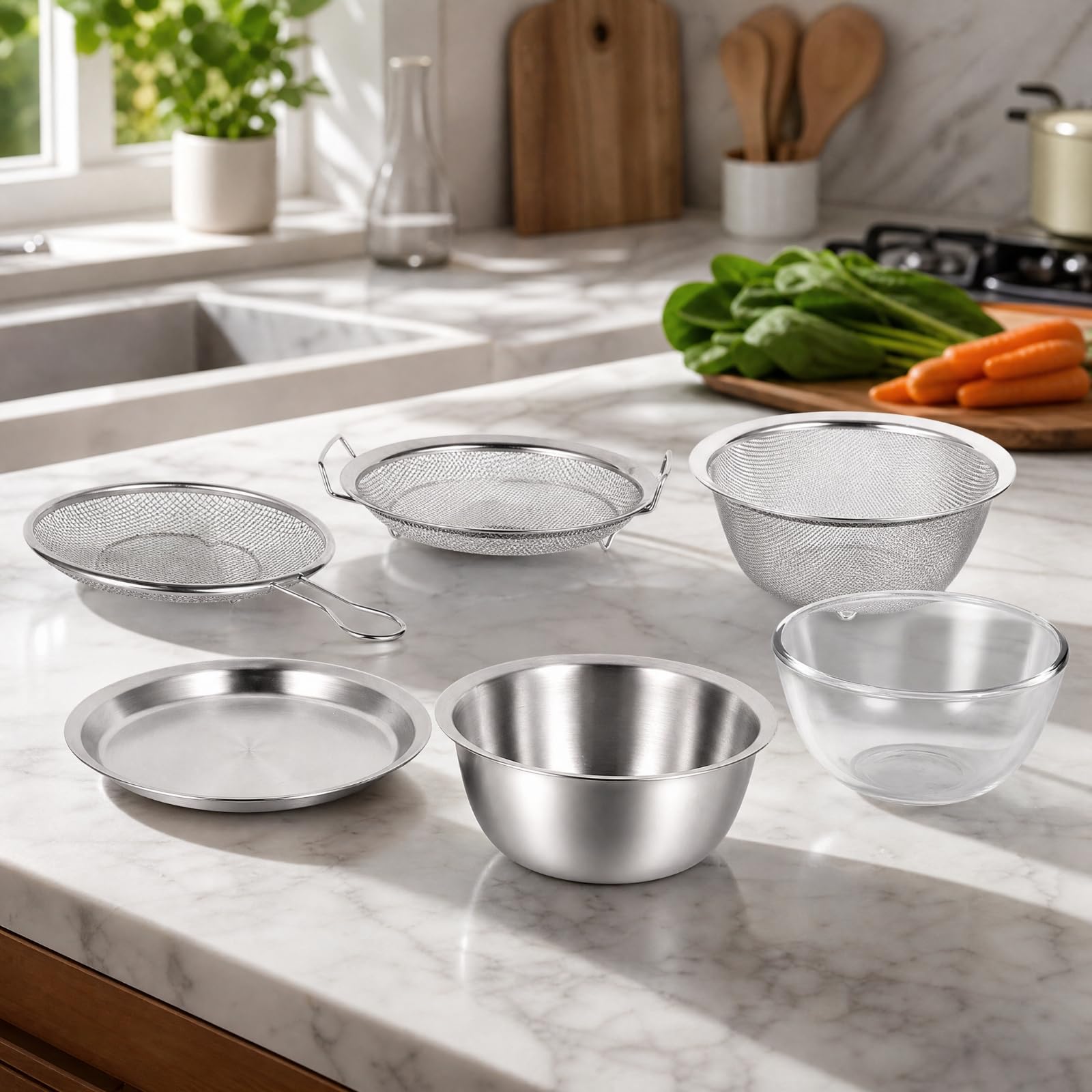 6 Pezzi Set da in Acciaio Acciaio Inossidabile Borosilicato Compatto Set da Impilabile con Cestino Drenante Salvaspazio Scolapasta
