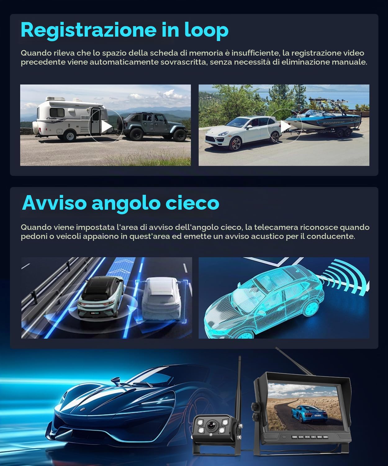VECHTEL Kit Telecamera Posteriore IPS HD 9 Pollici senza Fili con 4 Schermi, BSD/DVR, Telecamera Retromarcia Auto Wireless Impermeabile IP68 con Visione Notturna per Camion, Camper, Furgoni