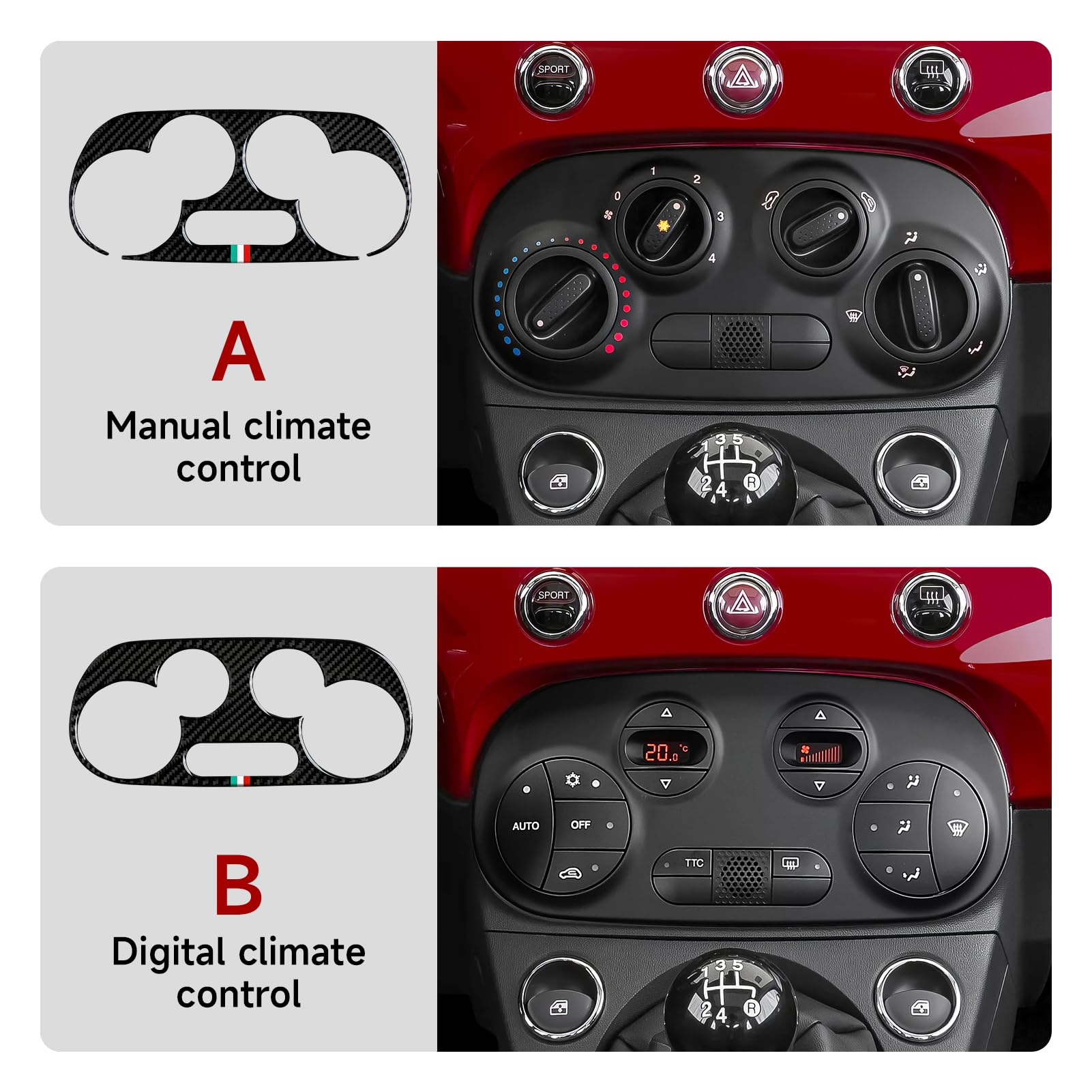 Auto Bedienelemente Klimaanlage Aufkleber Cover Kohlefaser Trim Kompatibel mit Fiat 500/500C (2007-2024)/500e (2009-2019) Abarth 500/500C (2008-2015)/595/595C (2014-2024)/695/695C Zubehör (A)