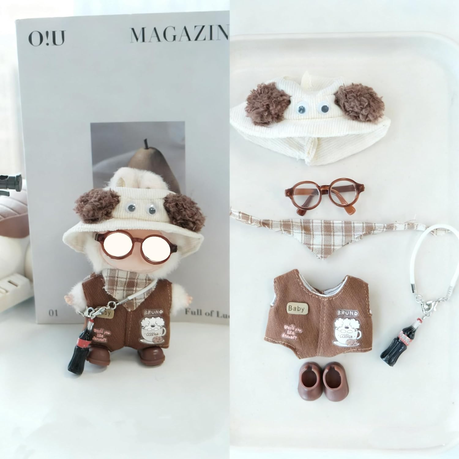 Clothes for 10cm Doll, 4 pcs Set 4.0 LBB Doll's Outfits Luxury Glasses Crochet Hats Glasses Bag Shoes Accessories Stylish Adorable Small Clothes (No Doll) (Puppy Inventor Brown)