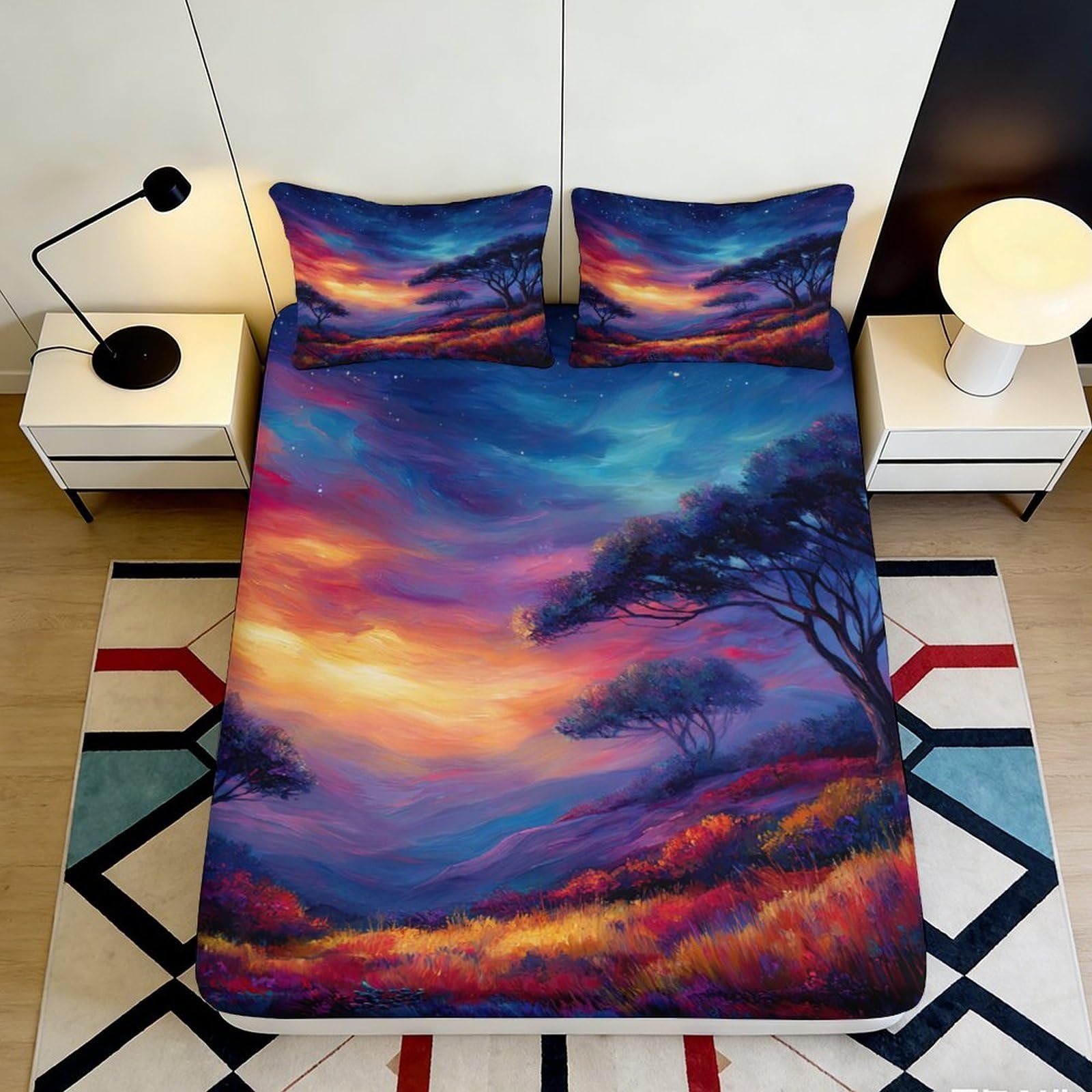 3D Printed Sunset Dream Fitted Sheet Microfiber Soft Vibrant Landscape Bed Cover for Bedroom Guest Room Decor 90x200x25cm