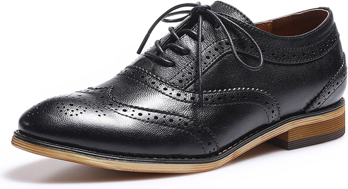 - Women's Stacked Heel Wingtip Oxfords Ladies Comfortable Lace-up Leather Brogue Shoes