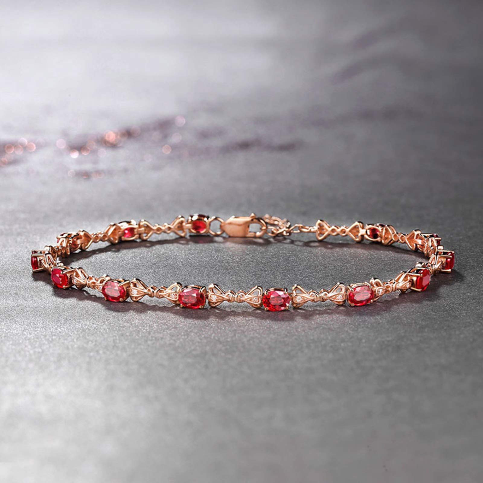 ZH1YFD Pulsera de Cadena de rubíes de Oro Rosa, Pulseras de Mujer con eslabones de Barra y Pulsera de rubí de 2,6 Quilates de 17 CM