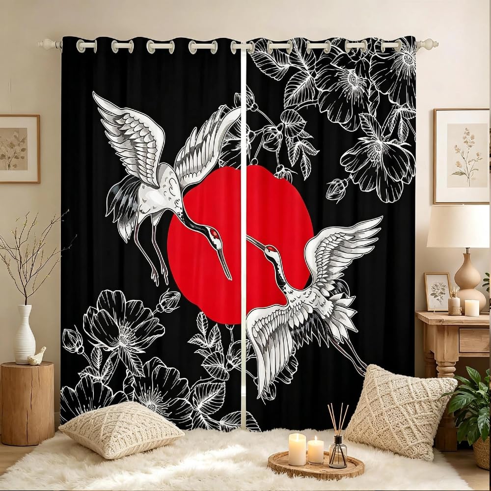 Loussiesd 3D Boys Japanese Ukiyoe Window Treatments Chinese Crane Window Curtains for Bedroom Living Room for Kids Girls Teens Hokusai Floral Sun Pattern Window Drapes Japanese Style W52*L90