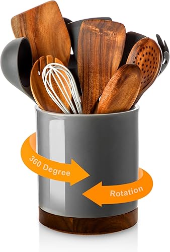 Nucookery Soporte giratorio para utensilios de cocina de 360 de 7.2 pulgadas, organizador de utensilios de cocina de cerámica blanca con parte