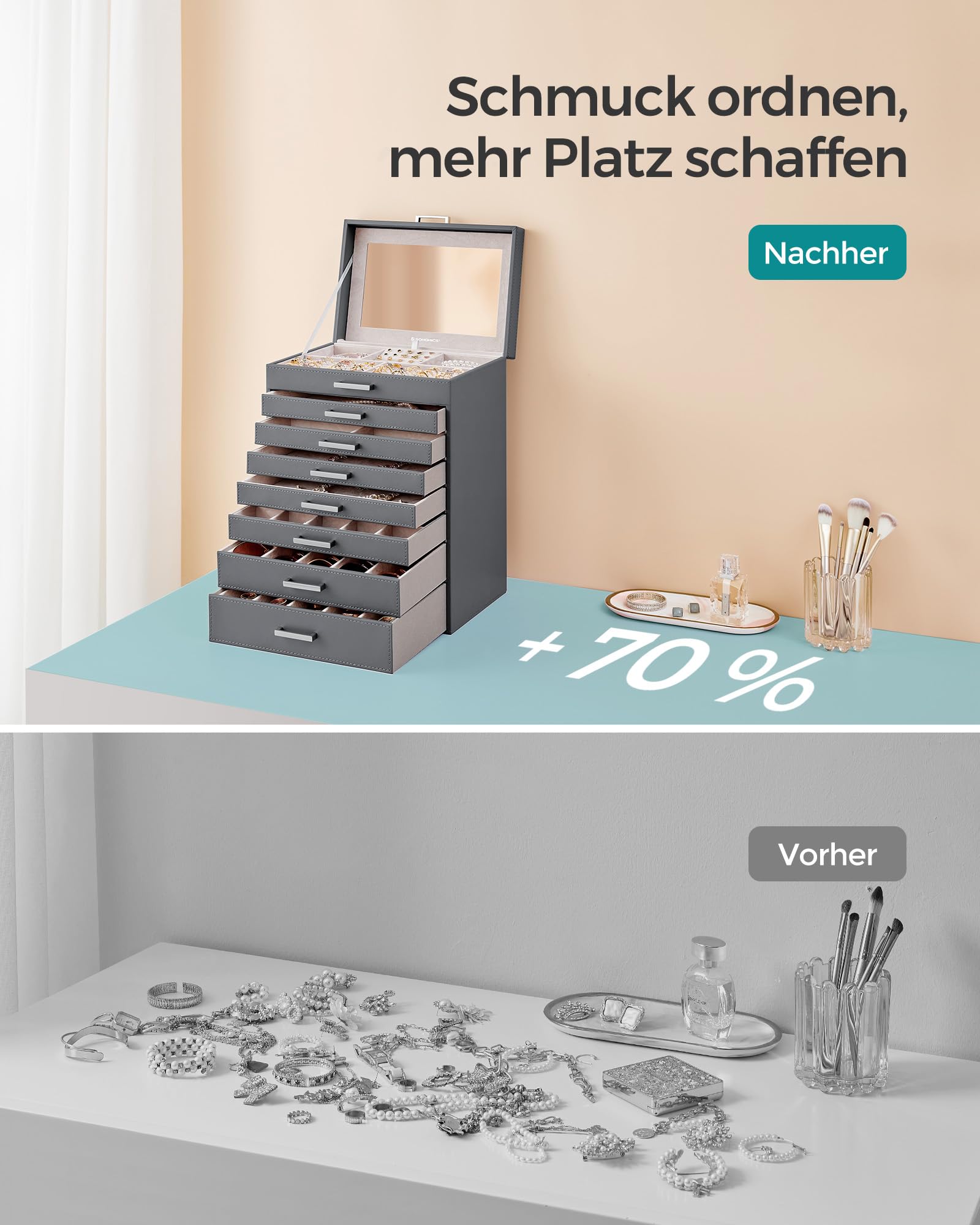 SONGMICS Schmuckkästchen 8 Ebenen, Schmuckkasten mit großem Spiegel, Schmuckschatulle, 7 Schubladen, sehr viel Stauraum, Schmuckaufbewahrung, modern, Geschenkidee, schiefergrau JBC008G02