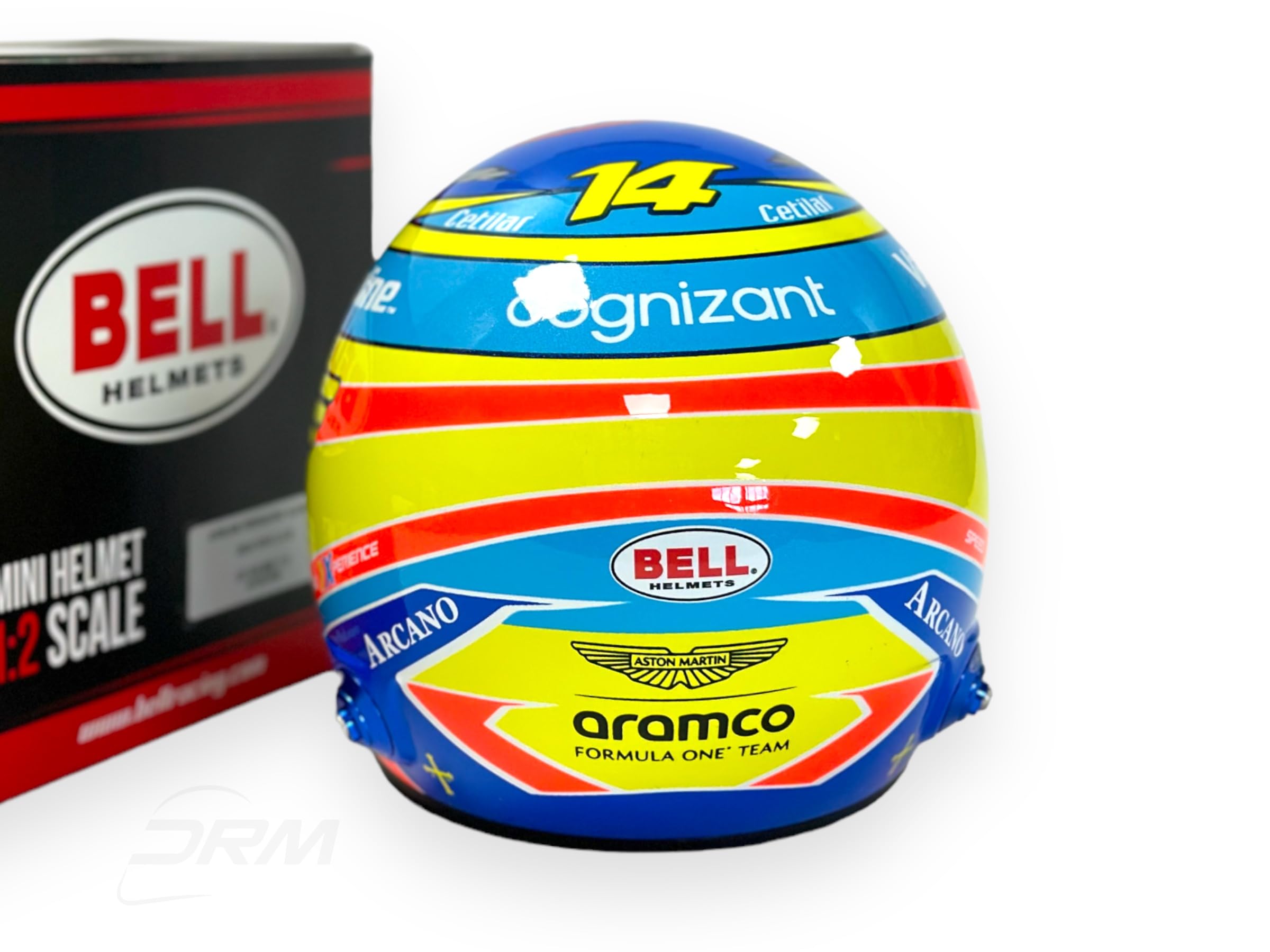 Aston Martin F1 Team - Casco en miniatura a escala 1/2 de Fernando Alonso 2024 - Casco oficial Bell - Azul/Amarillo