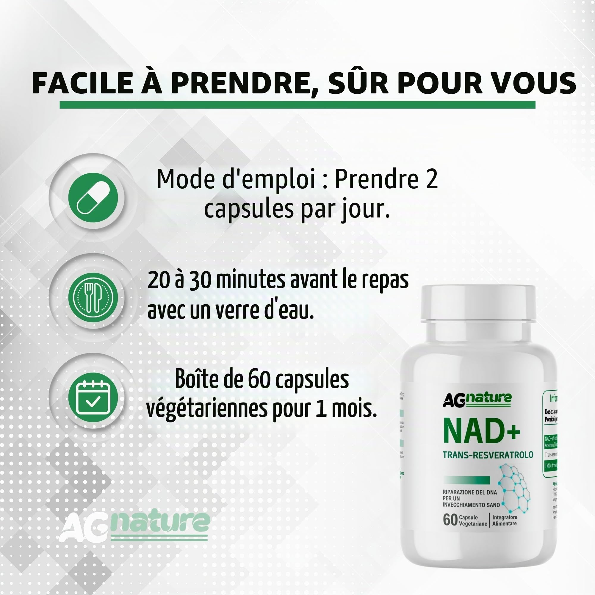 NAD Complément Nicotinamide Pur 60 Gélules 1000 mg - Complexe Anti-Âge et Anti-Fatigue avec Niacine, Trans-Resvératrol et Triméthylglycine