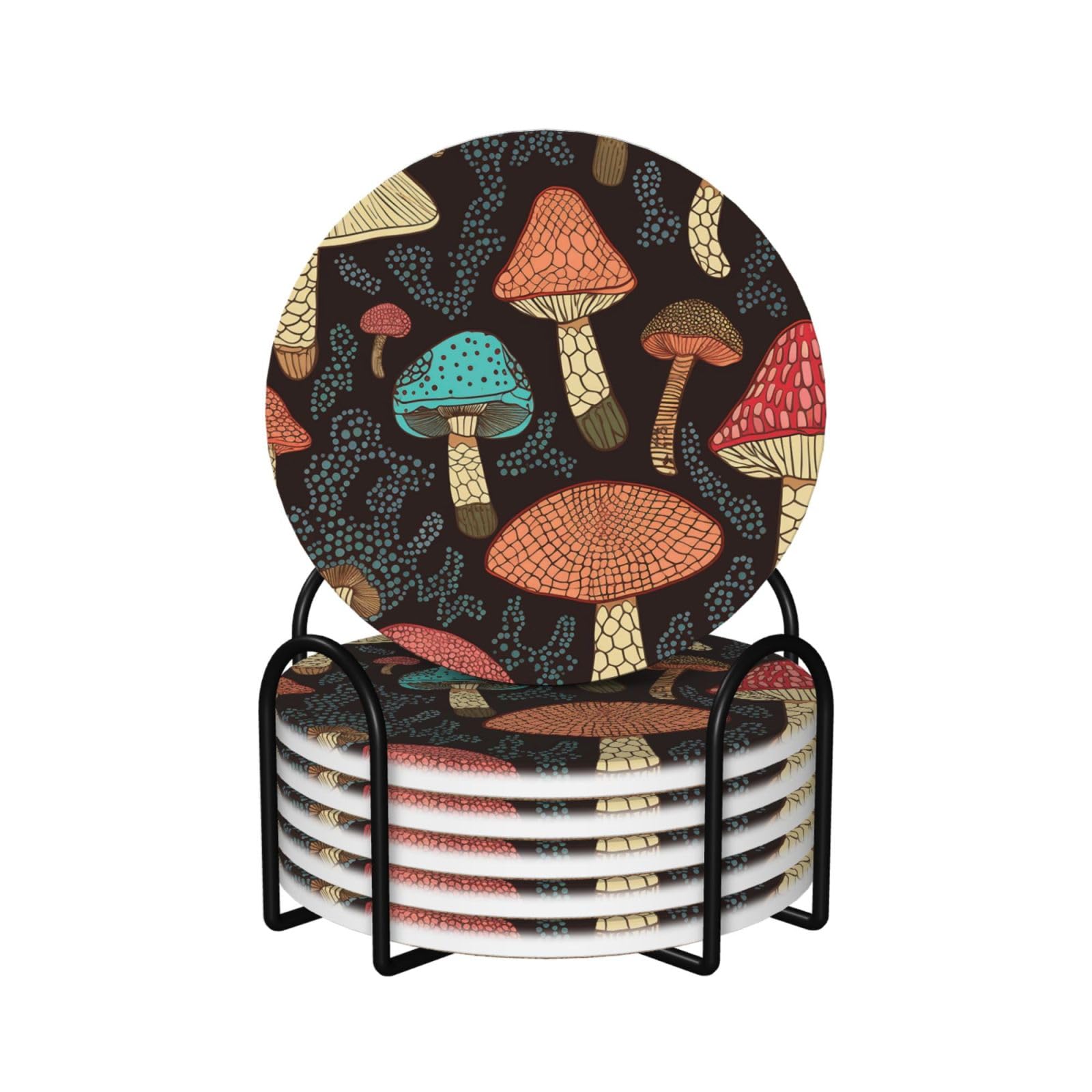 6Pcs Ceramics Coaster for Drinks, Mushroom Cup Coasters with Holder, Aesthetic Drink Coasters for Coffee Table, Absorbent Round Coaster for Tabletop Protection 4" Cup Mat Pad