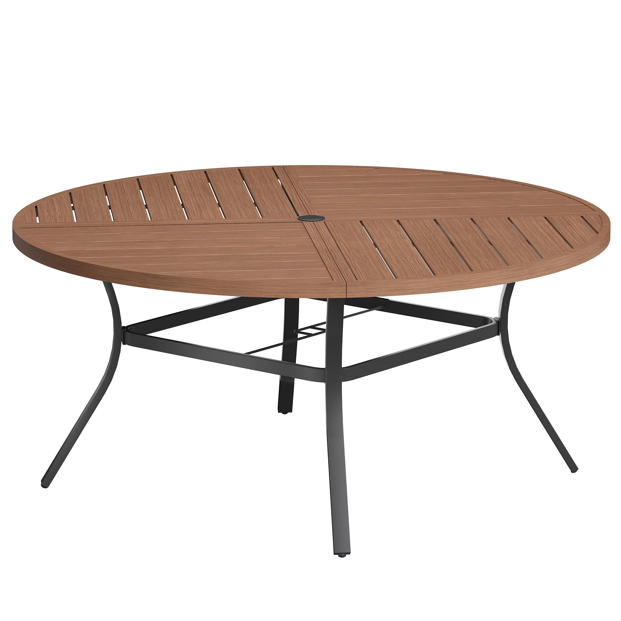 VICLLAX Round Patio Table with Adjustable Umbrella Hole for 8, All Weather Metal Outdoor Dining Table for Lawn Garden, 59.8" Outdoor Coffee Table, Walnut Wood-Like Tabletop