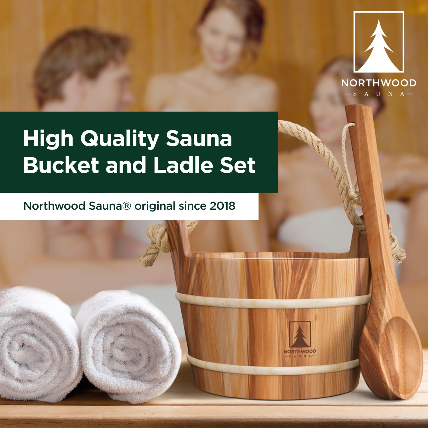 Northwood Sauna - Ensemble Seau et louche pour Sauna - Fait à la Main en Bois de cèdre Rouge Canadien - Doublure en Plastique et poignée en Corde