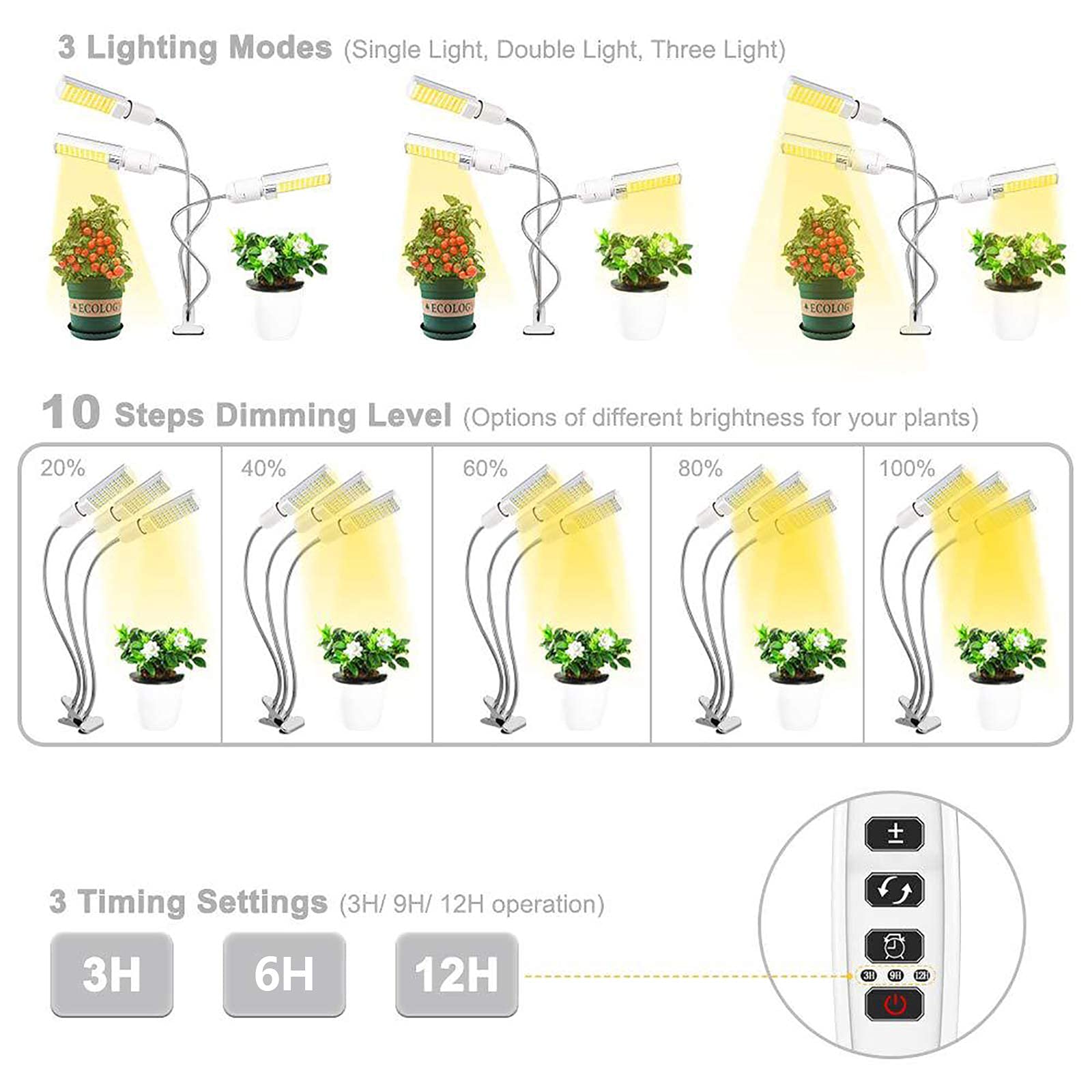Lampes de culture d'intérieur, lumière de culture de plantes, lumière de croissance pour plantes d'intérieur, lumière de plantes à spectre complet pour semis avec minuterie, col de cygne réglable, 3