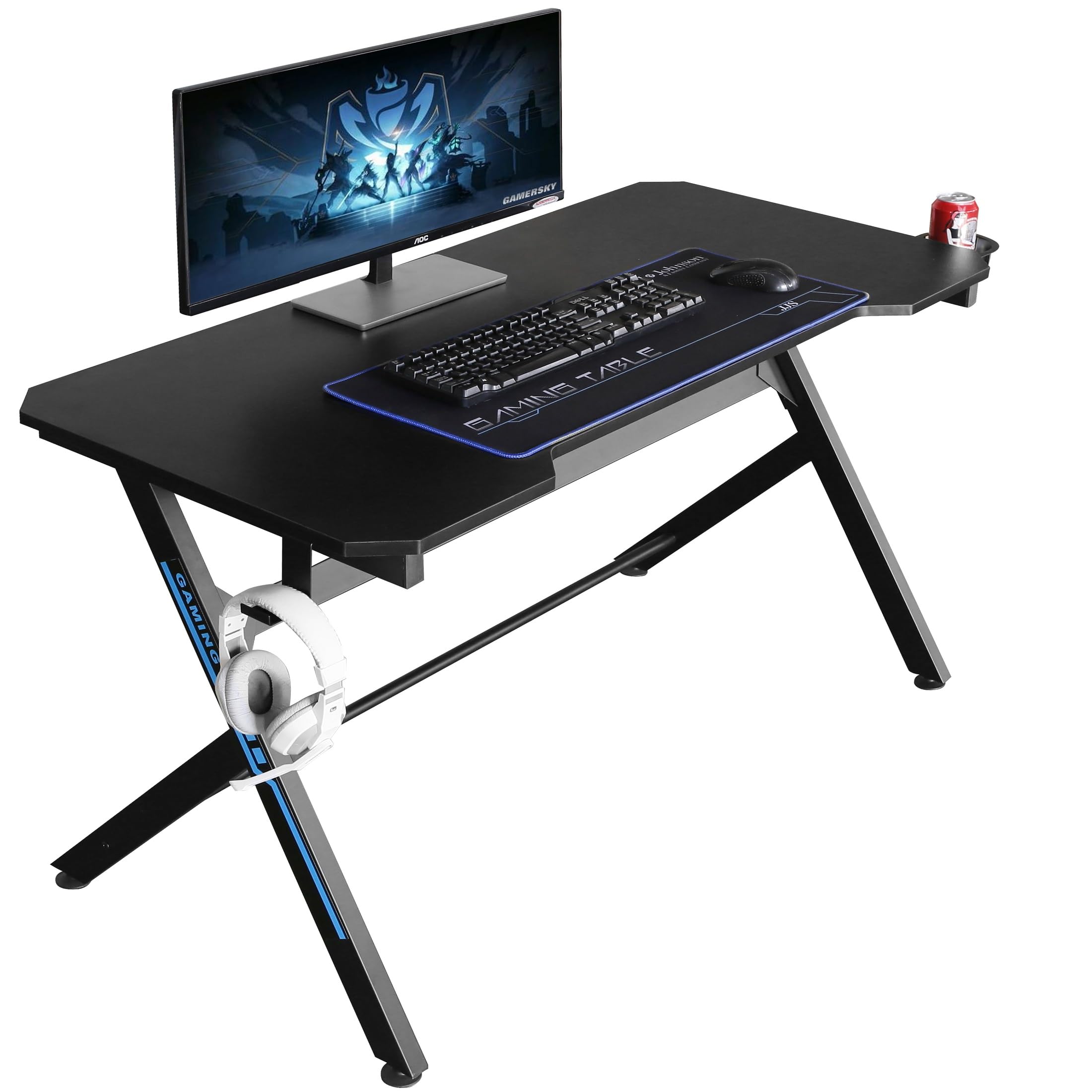JJS 48" Home Office Gaming Computer Desk with Cable Management, R Shaped Large Gamer Workstation PC Table with Cup Holder Headphone Hook Mouse Pad, Black Manufacturer Brand Name