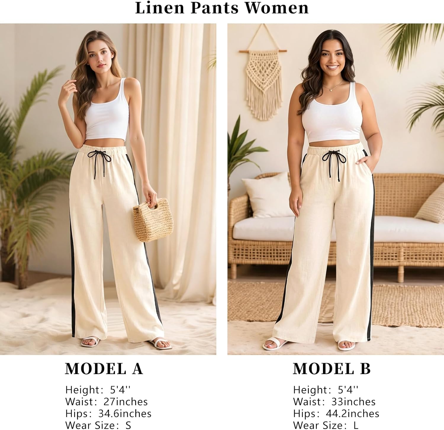 smawell Women's Linen Palazzo Pants Summer Wide Leg Beach Trousers for Women Elastic Waist - Image 6