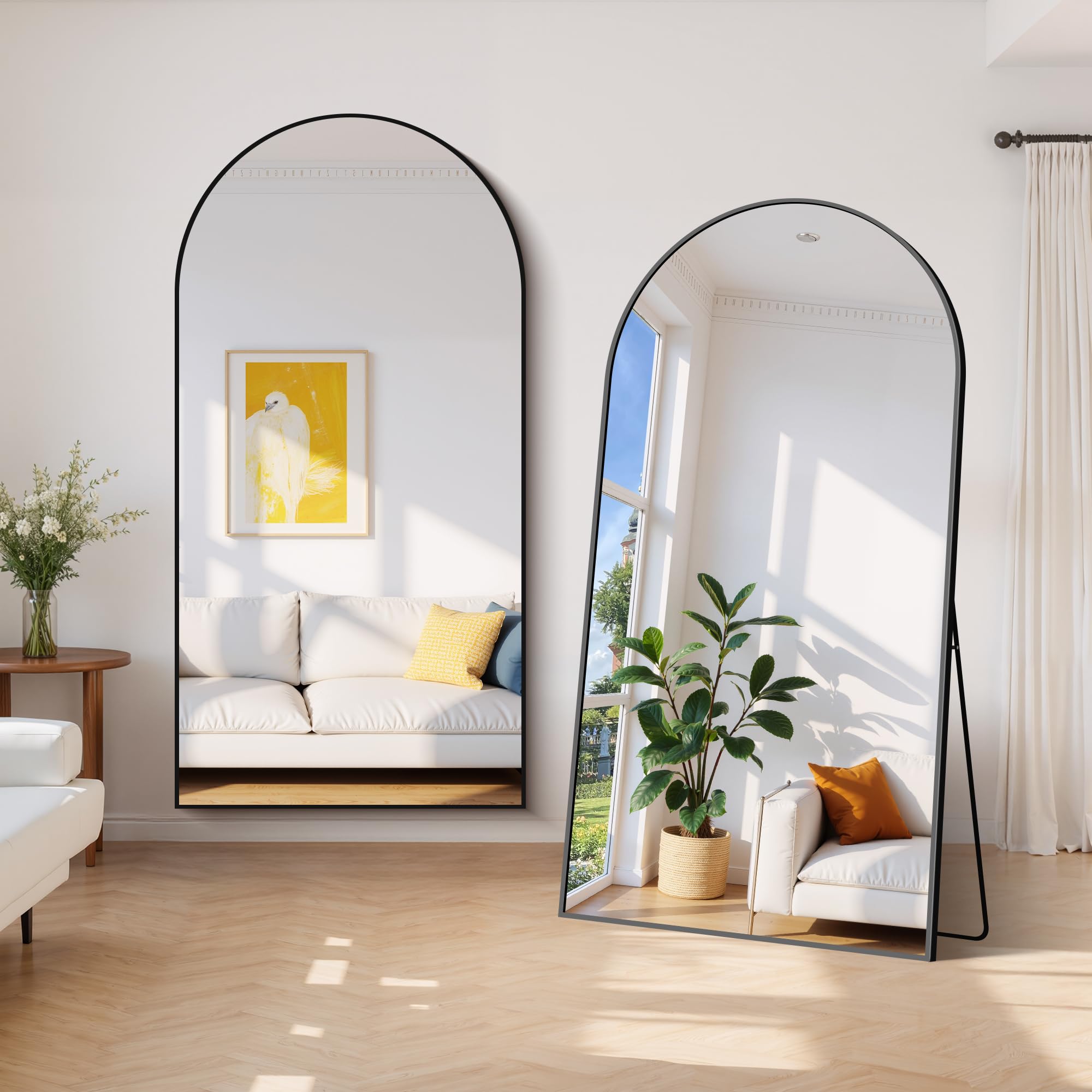 COFENY Espejo de Pie Cuerpo Entero Curvado 206 x 104 cm, Espejos Grandes de Pared con Marco de Aluminio, Espejo de Pie Inclinado o Colgante para Salón, Dormitorio, Entrada, Negro