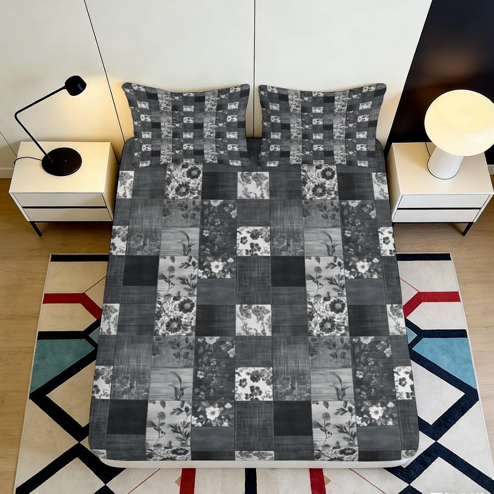 3D Printed Patchwork Plaid Fitted Sheet Microfiber Deep Pocket Non-Slip Patchwork Mattress Fitted Cover for Bedroom Bedding 180x200x25cm