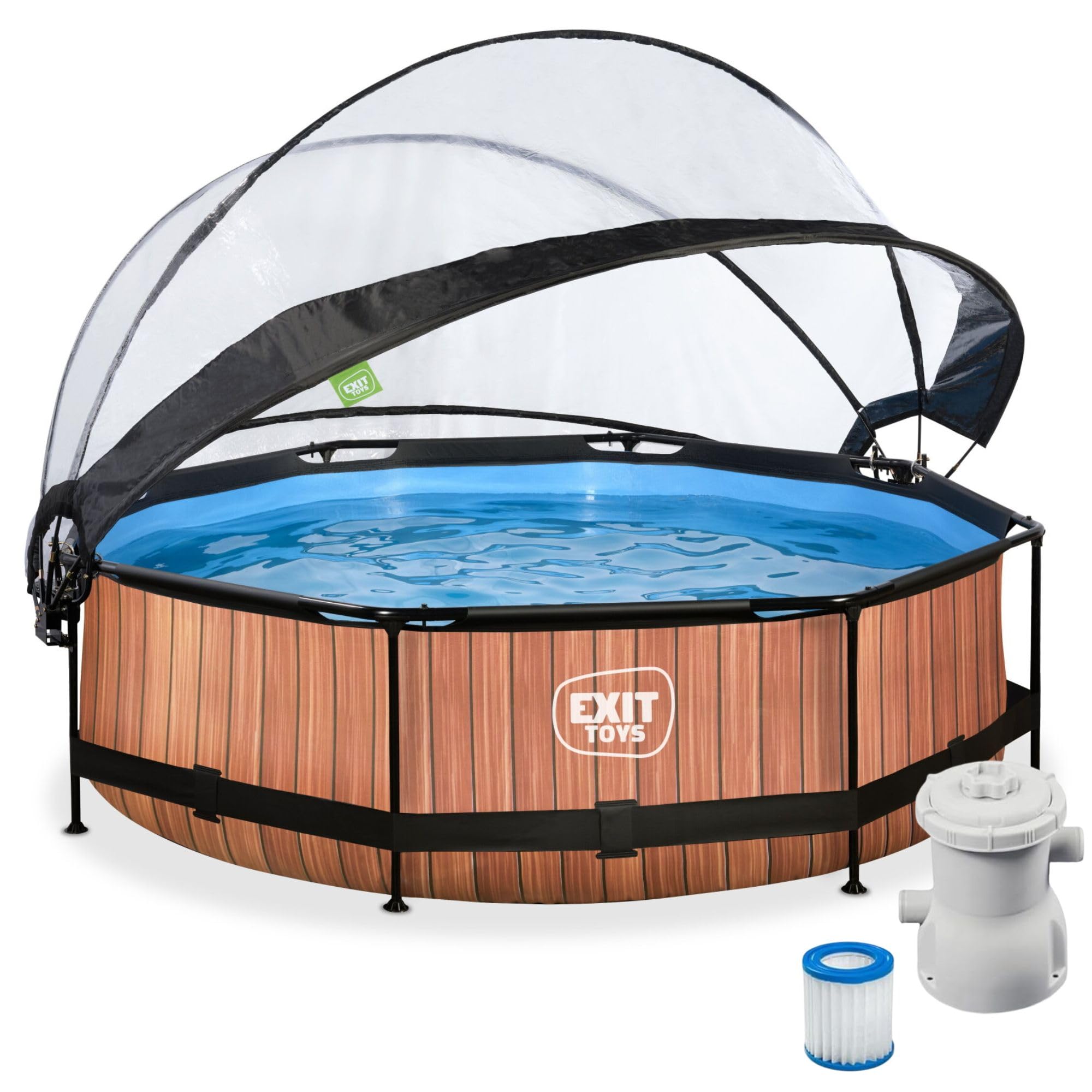 EXIT Toys Aufstellpool Rund ø 300 x 76 cm mit Abdeckplane – Pool mit Dach Für Kinder Geeignet – Filterpumpe, TÜV Geprüft – Wood – Braun