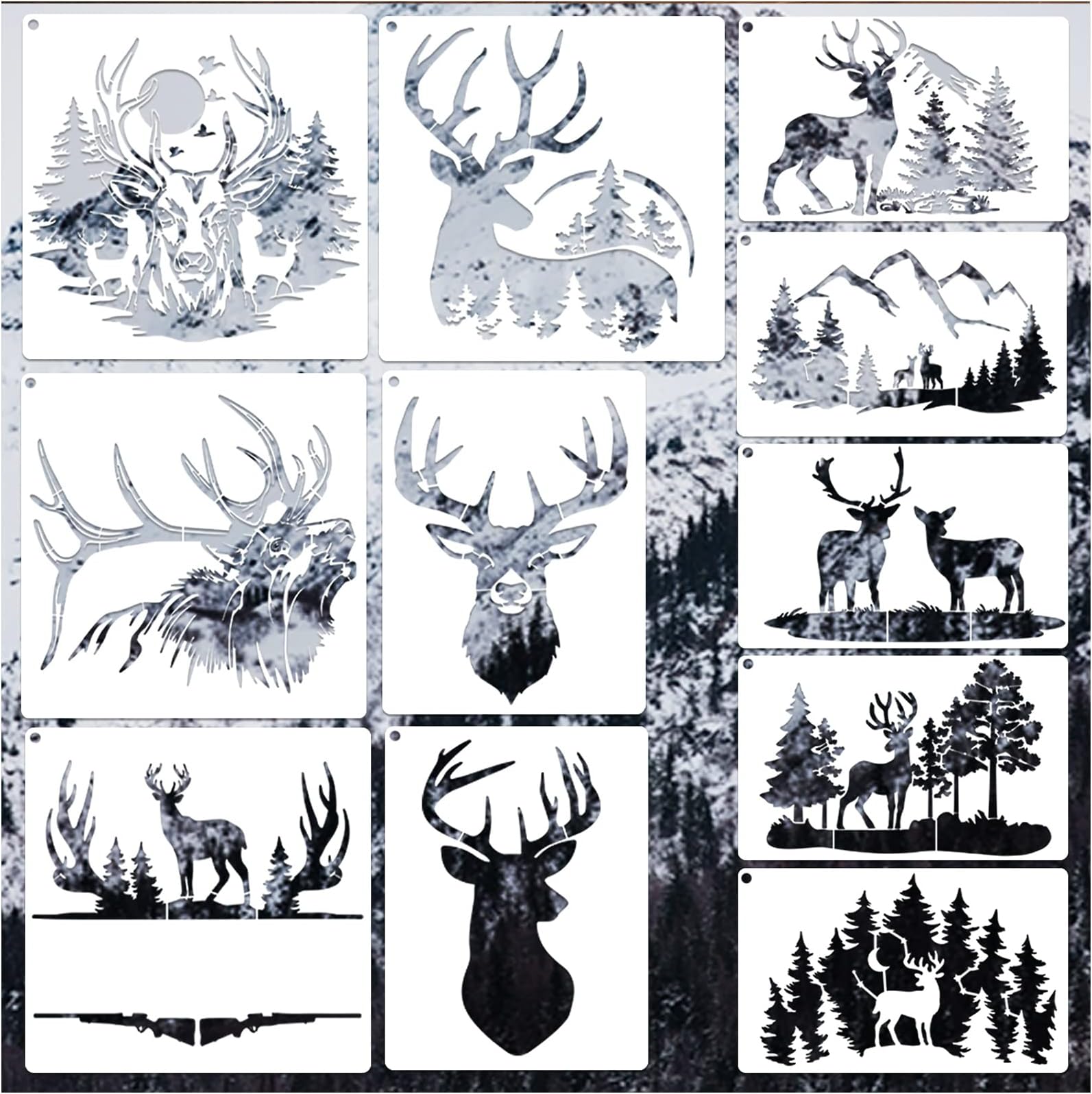 11 Pcs Deer Stencils Forest Mountain Tree Deer Head Stencils for Wood Burning Stencil Template for Painting on Wood Crafts Home Decors (Deer)
