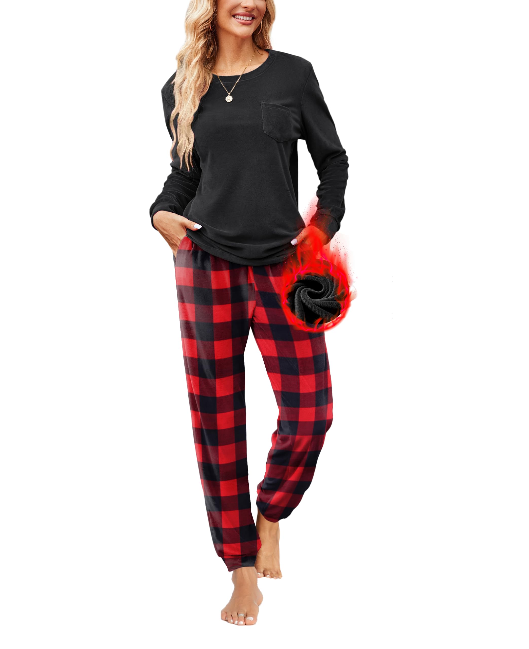 Ekouaer Conjuntos de Pijamas para Mujer Traje de Ocio de Terciopelo con Cuello Redondo Largo Conjunto de Pijama de Invierno Traje de casa Informal Cálido con Bolsillos