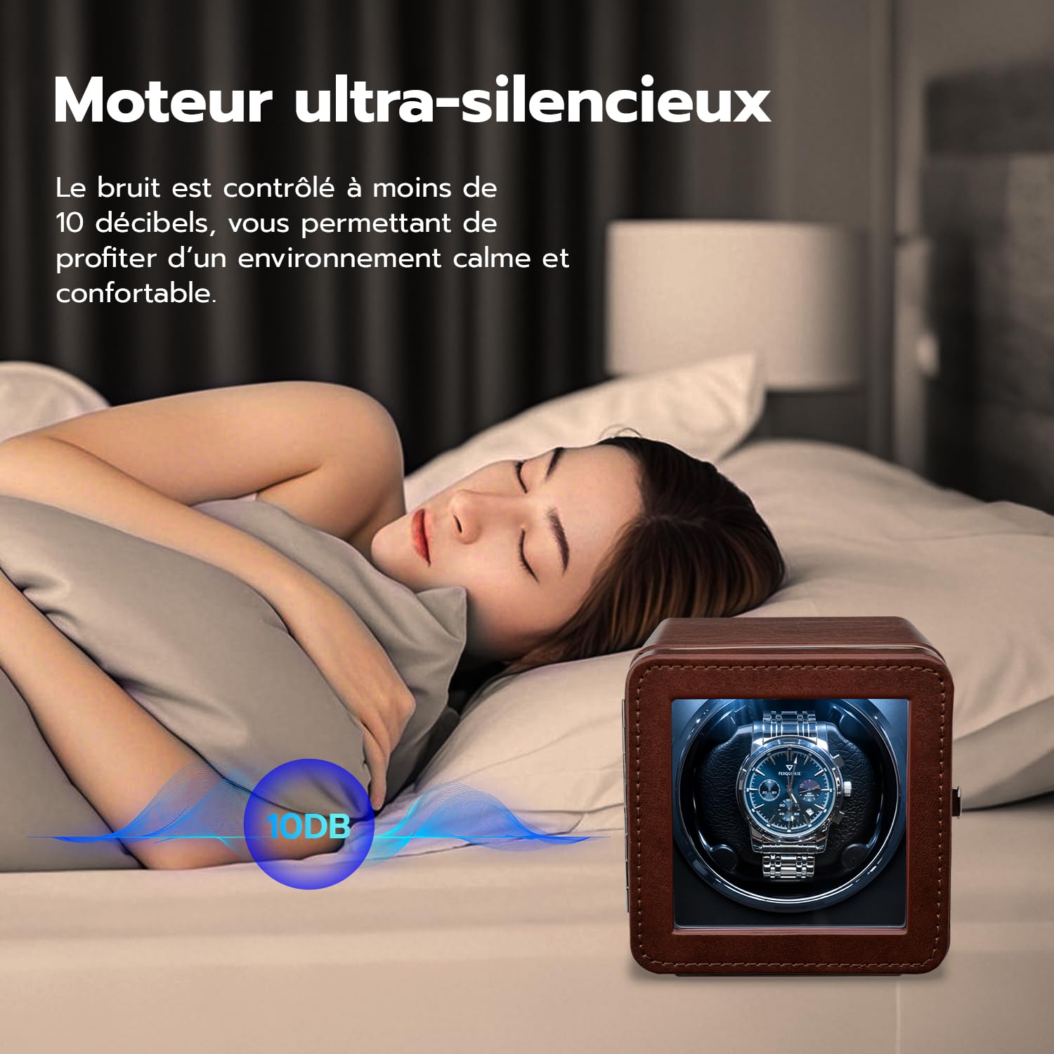 Mcbazel Remontoir 1 Montre Automatique - Moteur Ultra Silencieux avec Lumière LED, 4 Modes de Rotation, Boîte en Cuir PU, Affichage à 90° pour Montres Automatiques/Alimenté par USB – Marron