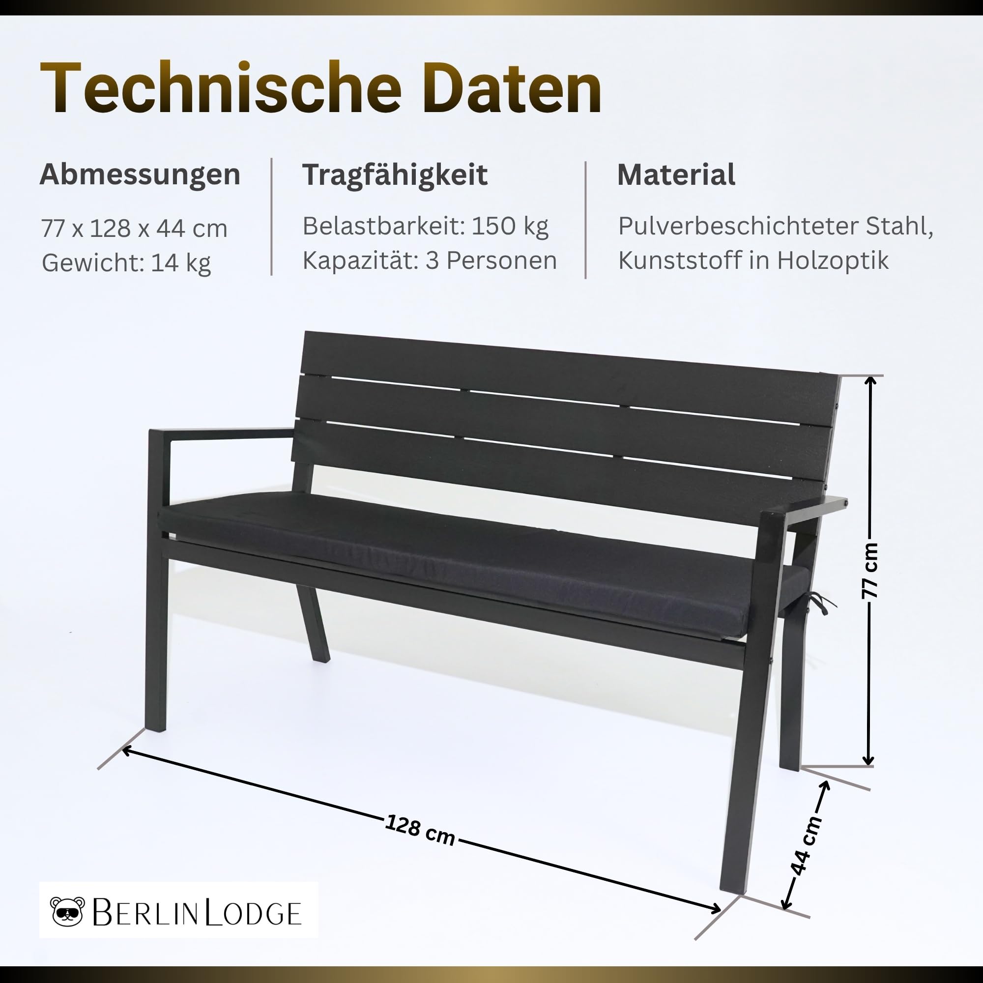 Berlinlodge Gartenbank Mallorca mit Sitzkissen in Holzoptik Kunststoff & Metall 3-Sitzer wetterfest, rustikal & massiv 77 x 128 x 44 cm Schwarz Polsterbezug abnehmbar Sitzbank Garten Balkon Terrasse
