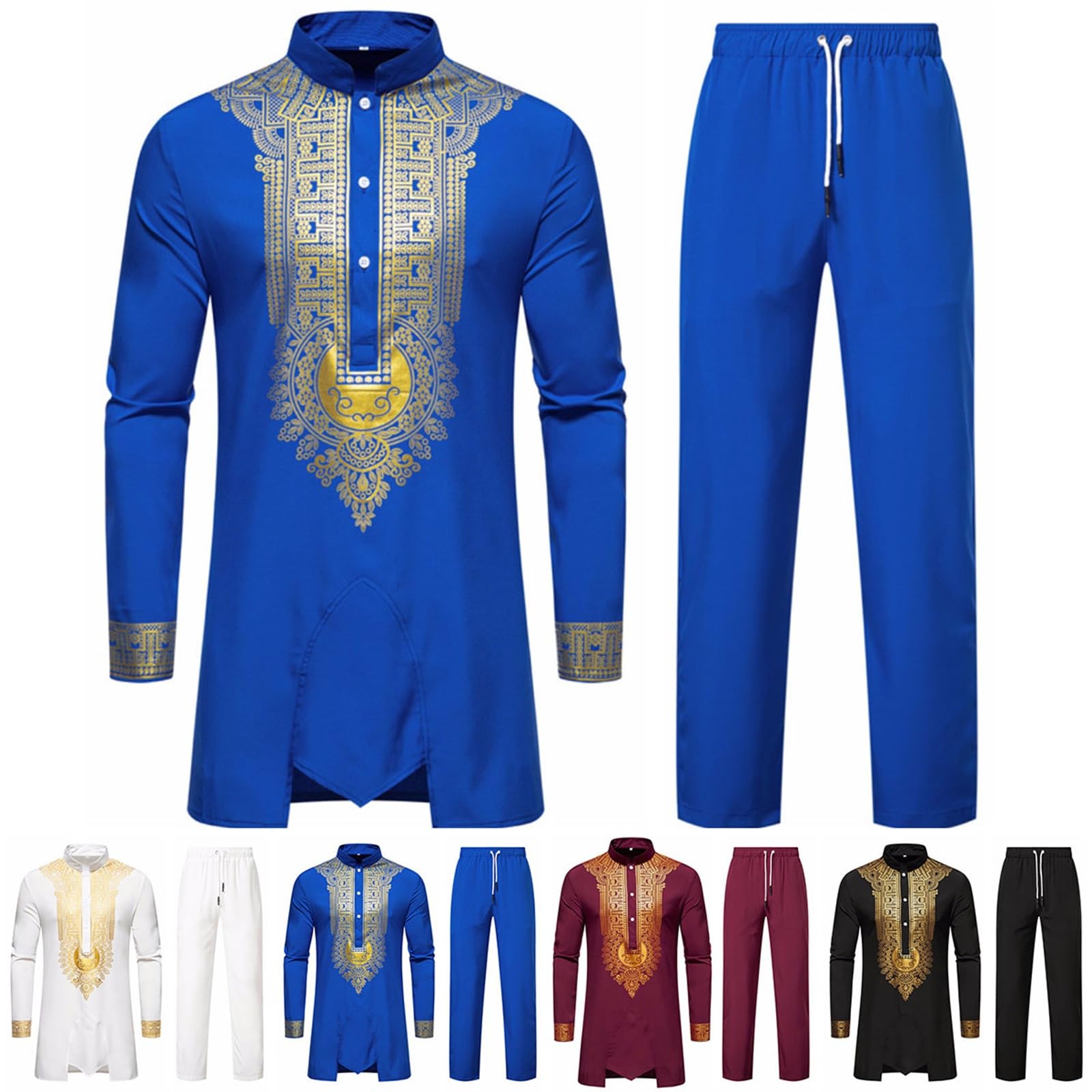 Ankara Chemise et pantalon à manches longues pour homme Tenue africaine 2 pièces Costume traditionnel africain Dashiki africain Tenue homme africaine Dashiki à manches longues avec imprimé