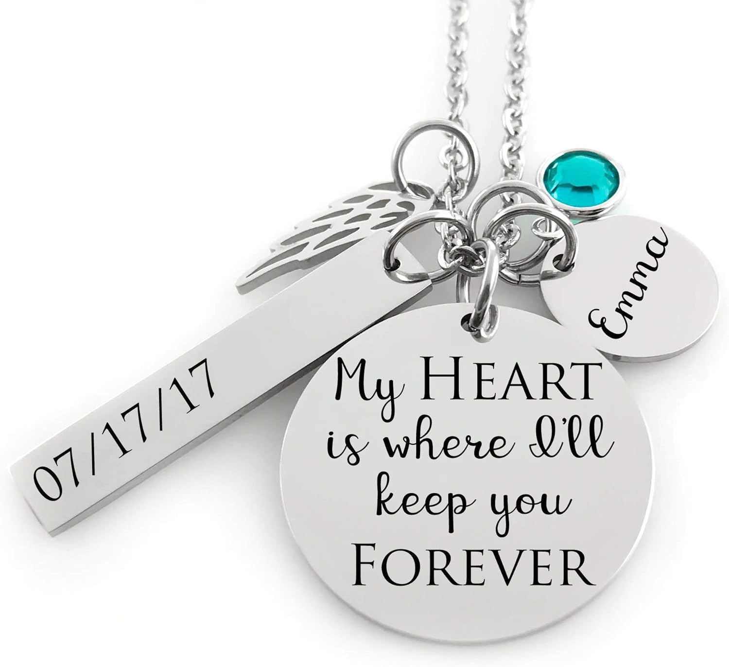 Mother's Day Gift - Memorial Jewelry Necklace - My HEART is where I'll keep you FOREVER- Name Disc, Angel Wing & Birthstone Crystal