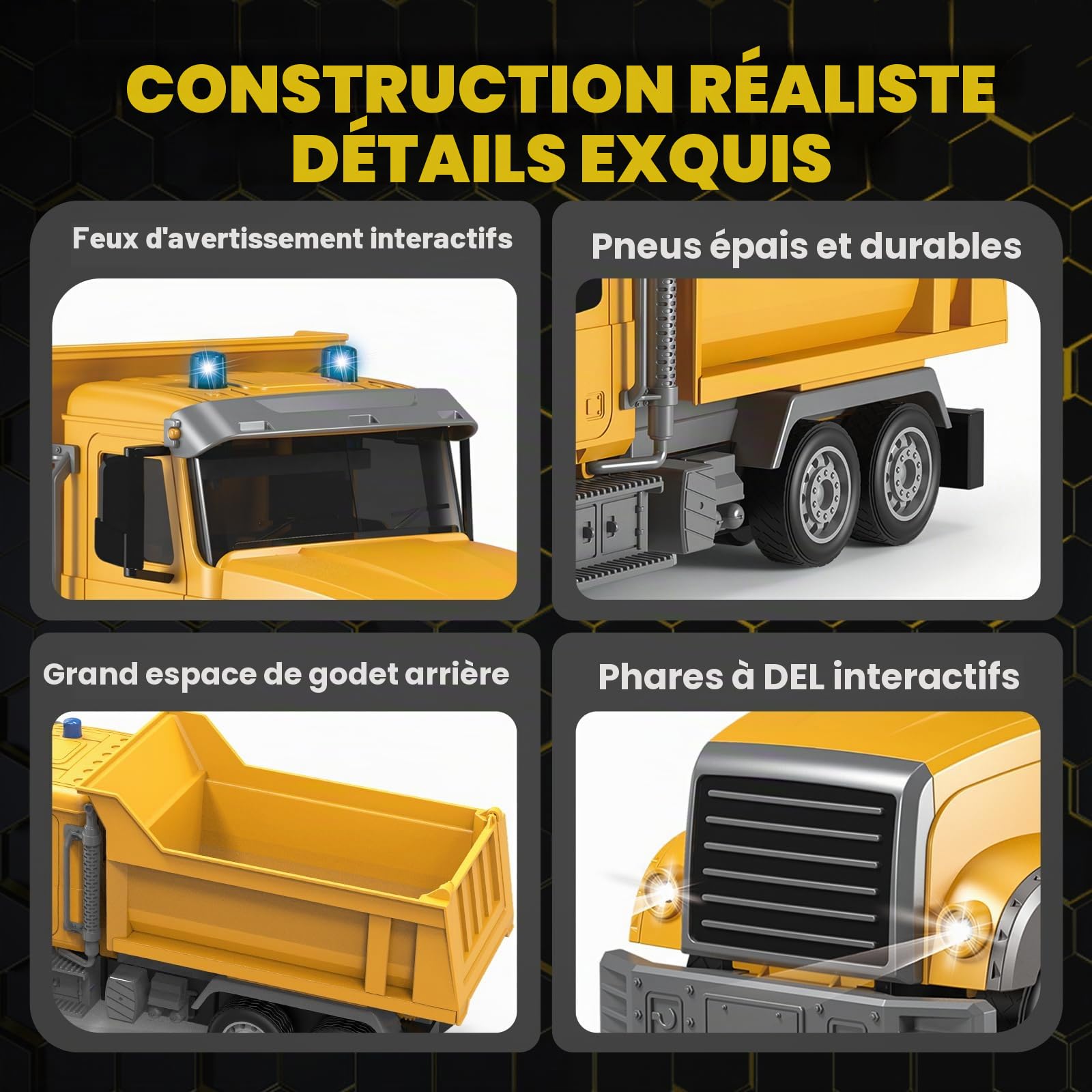 YESHIN Camion benne RC télécommandé 1:24, camion de chantier télécommandé à 6 canaux avec lumière, télécommande 2,4 GHz, benne basculante électrique, véhicule de chantier tout-terrain, jouet pour