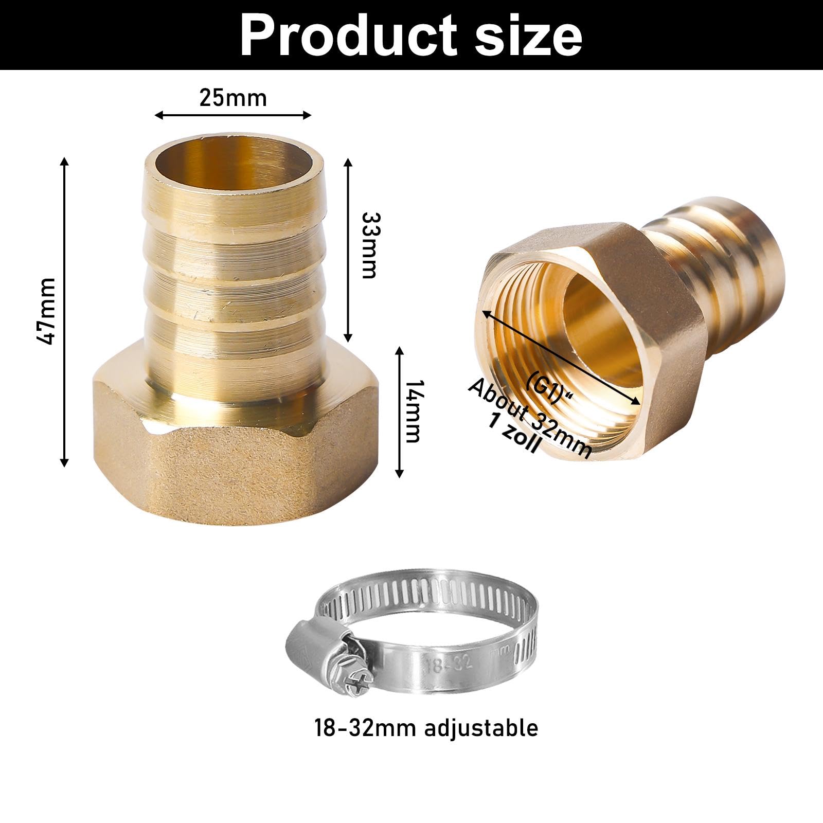 3 Stück Messing Schlauchtülle, 1 Zoll 25mm Schlauchanschluss Schlauchverschraubung 1" IG x 25mm (1") Tülle, Innengewinde Schlauchverbinder mit 3 Schlauchschellen, Schlauchnippel Keine Lecks
