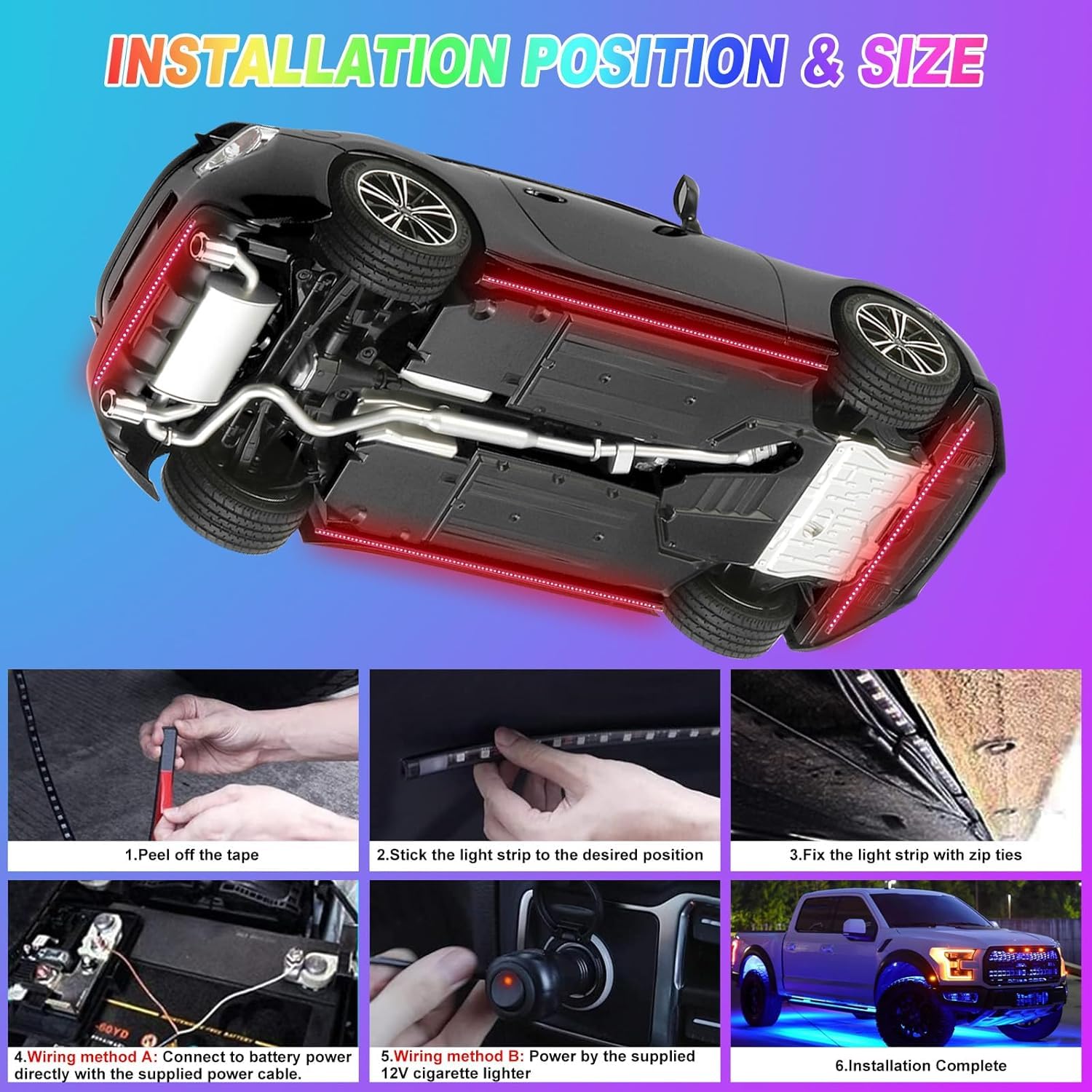Lot de 4 sous éclairage pour Voiture,16 Millions de Couleurs,contrôle par Application, synchronisation de la Musique, Bandes Lumineuses RGB étanches pour Voitures,SUV.
