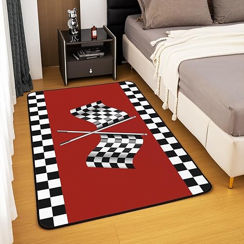 Miniatura 4 de Alfombra con estampado de bandera a cuadros de 5 x 6 pies 6 pulgadas, alfombra temática de coche de carreras para decoración de mesita de noche,