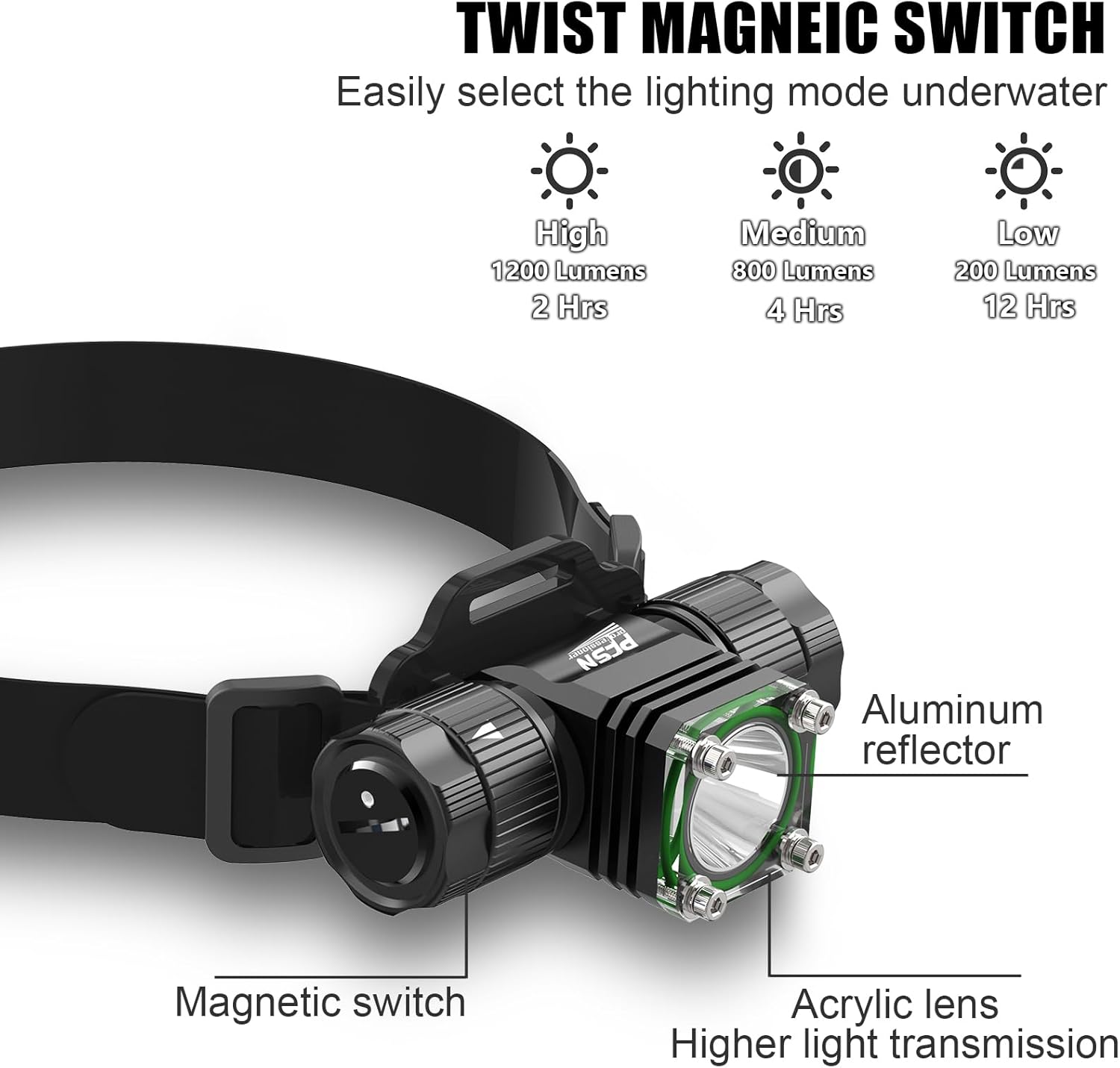 PFSN Professional LED Scuba Dive Light - Hands-Free 1196 Lumens, 200m Beam, IPX68 Waterproof, 4800mAh Rechargeable Battery, 3 Modes, Black