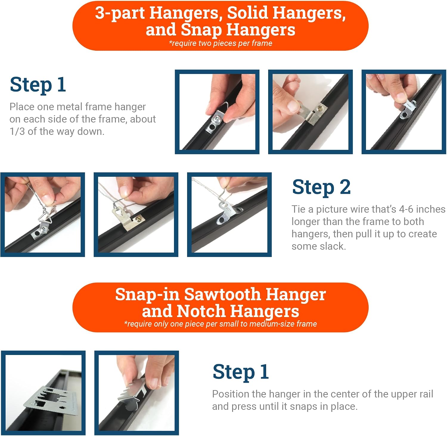 PHS Metal Frame Hangers Variety Pack, 50 Pack, 6 Types, Hangs 30 Frames | Mounting hardware kit, compatible with profile 11 aluminum frames, six hanger styles