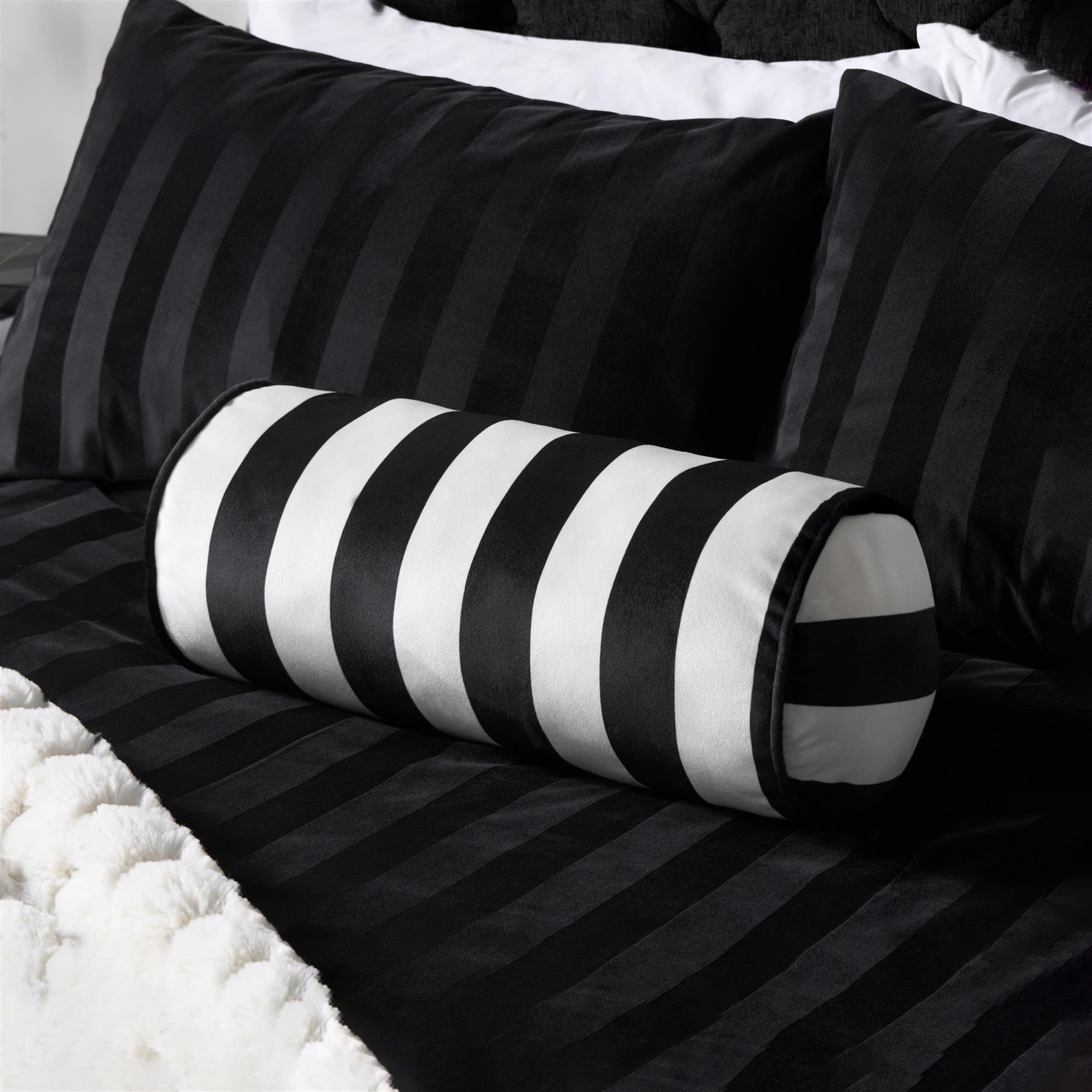 Ohs Mono Matte Velvet Round Bolster Cushion Stripe Pillow Cushions Soft Neck Roll Pillow For Sleeping Armrest Back Yoga Bolster Cushion For Sofa Bed, Chrome - 46 X 20Cm