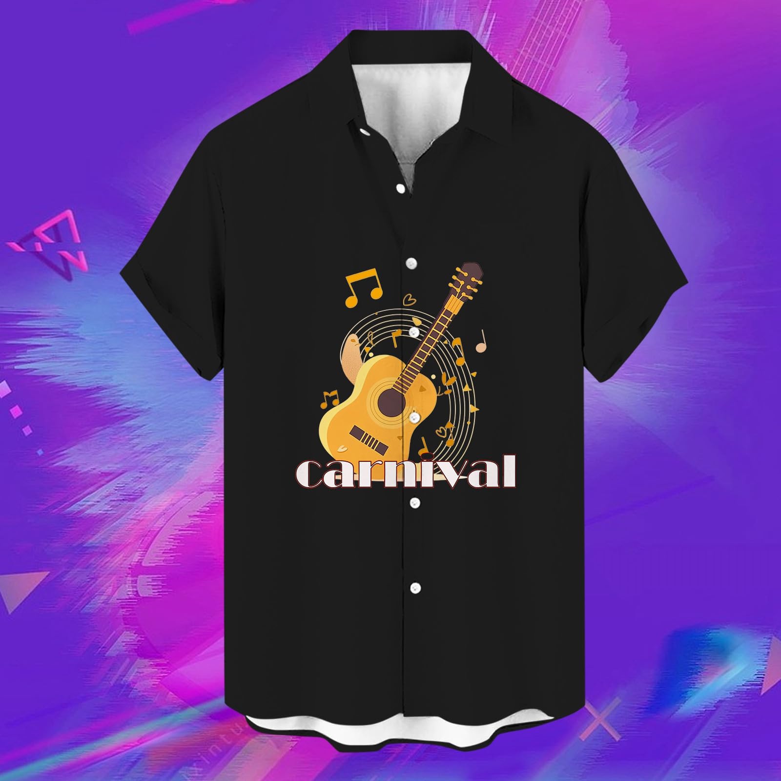 Herren Hemd Kurzarm Karneval Musik - 3D Gitarren Instrument Druck, Buntes Hawaiihemd für Fasching & Schlagerparty, Lockerer Schnitt Sommer Strandhemd Button-Down