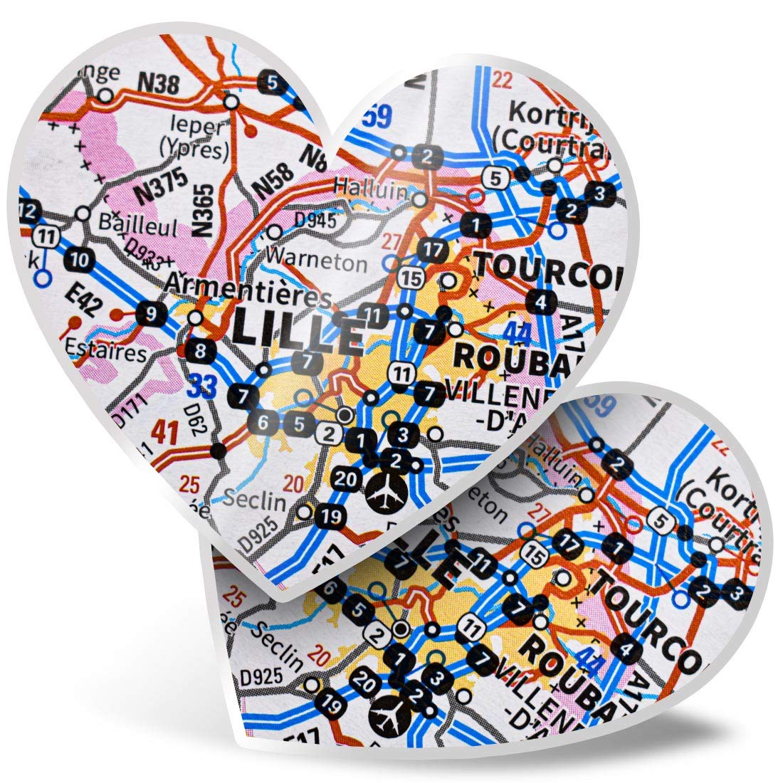 Destination Vinyl Ltd Multi 2 X 7.5Cm Heart Stickers - Lille City France French Travel Map Decals 45562