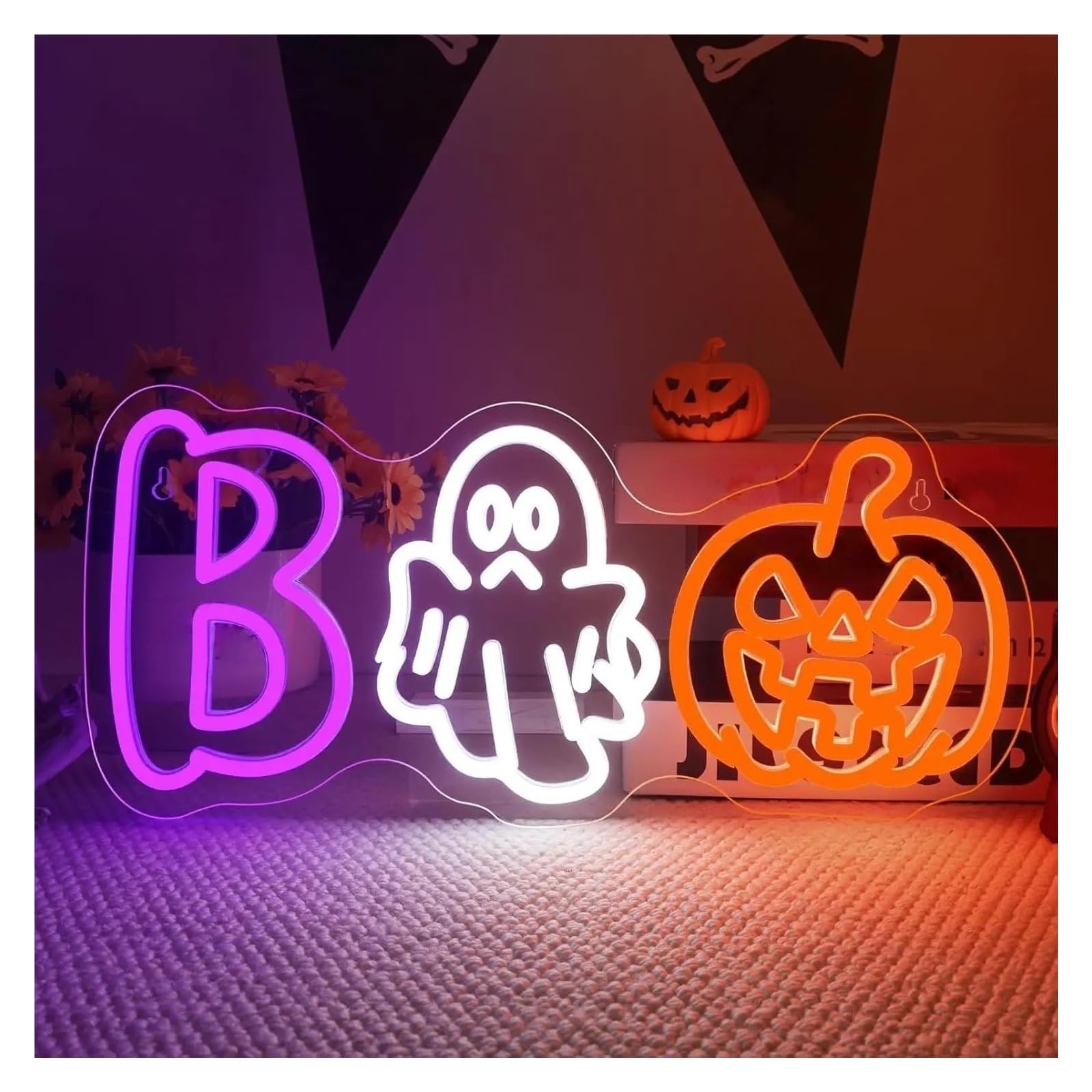 RONGCH Hanging Art Signs Boo Neon Sign Ghost Pumpkin LED Light Dimmable for Bedroom Party Home Bar Window Spooky Wall Decor 42cmx19cm