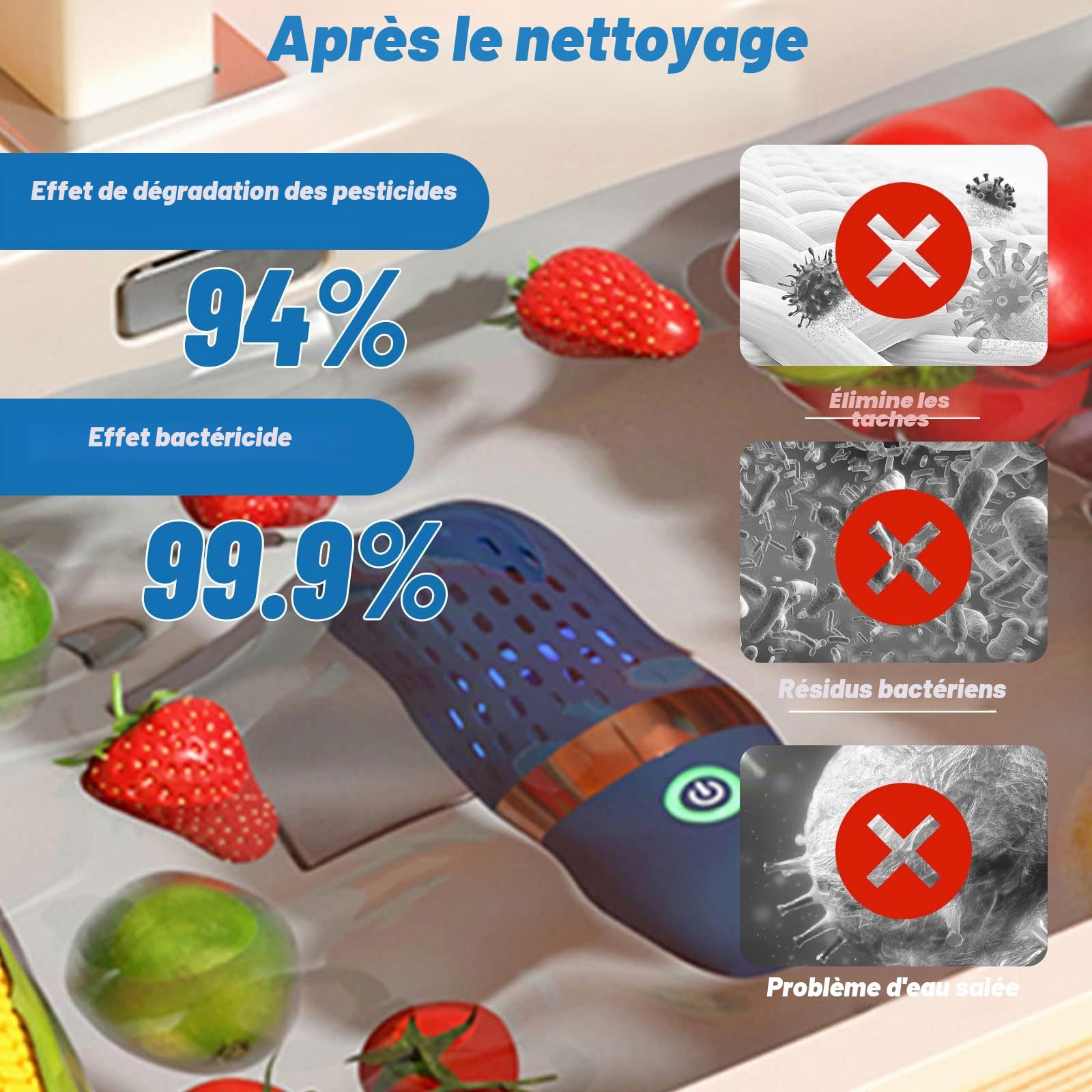 Machine à laver fruits et légumes,Machine à Laver Portable sans Fil pour Fruits et légumes,Purificateur d'Aliments avec Technologie de Purification d'Ions OH, Étanchéité IPX7,rechargeable par USB
