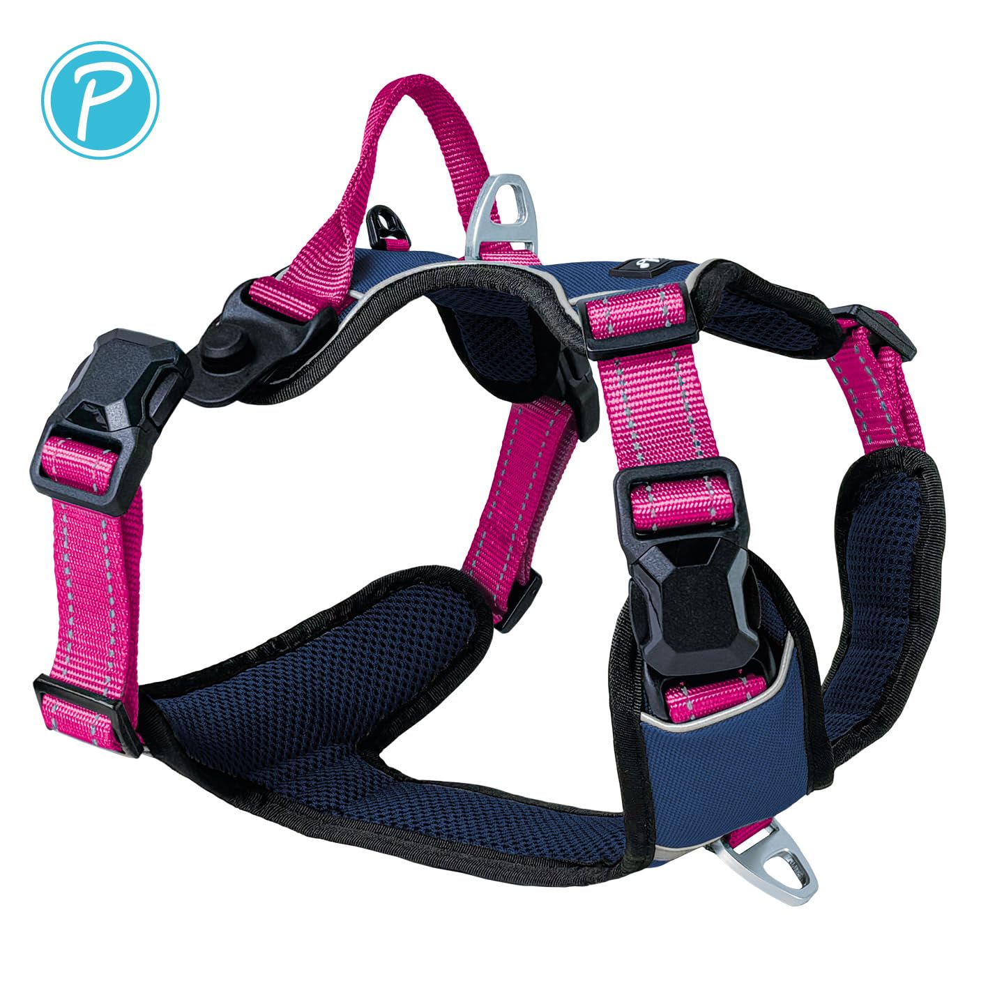 Petlando Hundegeschirr Magnetech– Innovative Magnetschnalle, mit Griff, Zwei D-Ringe, reflektierend, atmungsaktiv – Navy/Fuchsia, M (Halsumfang 42-54cm, Brustumfang 56-68cm), mittelgroße Hunde