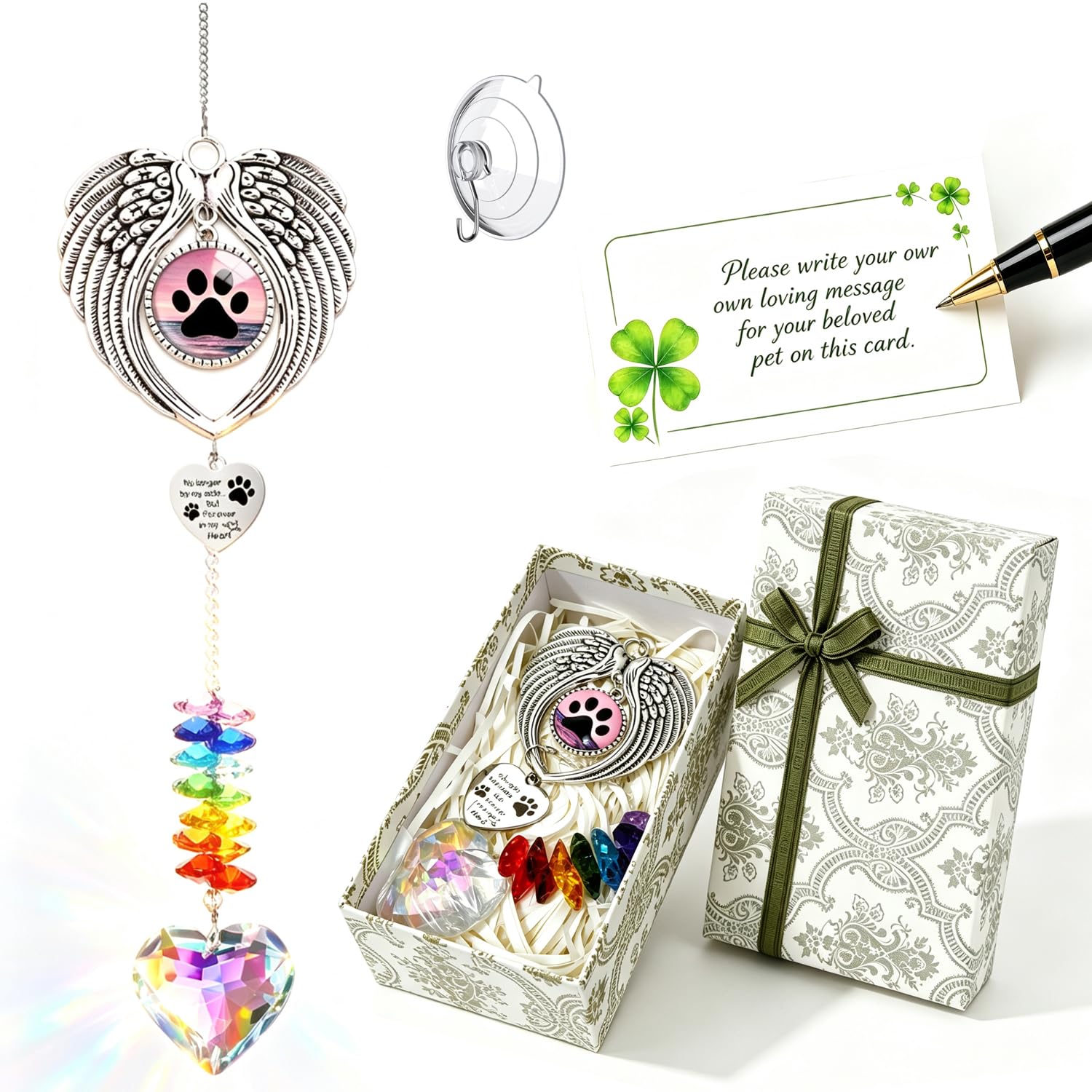 Tosaxsc Multi Color Pet Memorial Suncatcher - Dog Memorial Gifts For Loss Of Dog, Pet Loss Sympathy, Thoughtful Dogs And Cats Bereavement Remembrance Gifts, Natural Cat's Eye Paw Crystal Suncatcher