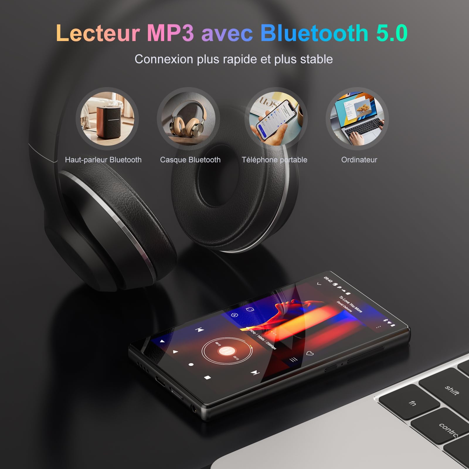 Oilsky 96Go Lecteur MP3 avec WiFi et Bluetooth, écran Tactile de 4,7'' 1280P, Android 13.0, RAM:4 Go, Lecteur MP3 & MP4 avec Spotify, Amazon Music, Play Store (Noir)