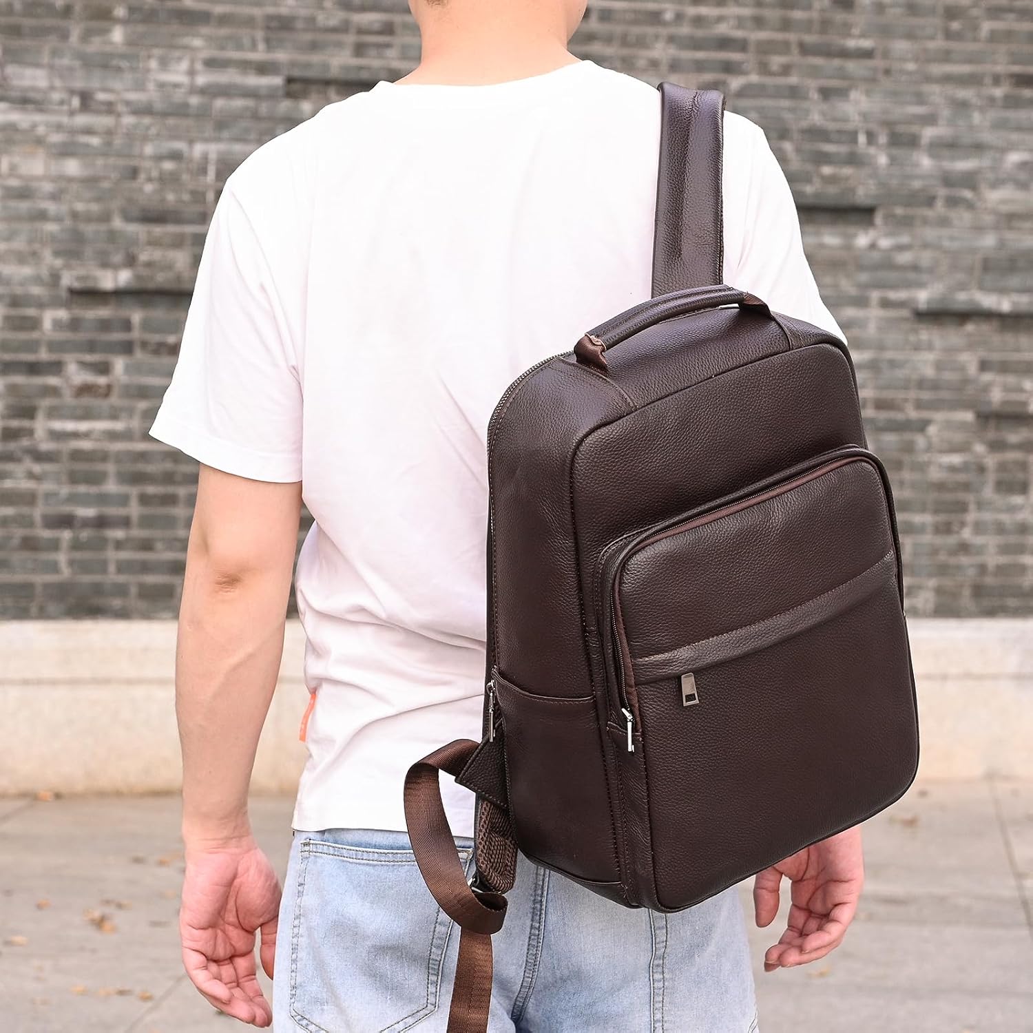 Genuine Leather 15.6 Inch Laptop Backpack for Men Women, Business Travel Bag Hiking Rucksack Backpack Daypack, 8017 Coffee
