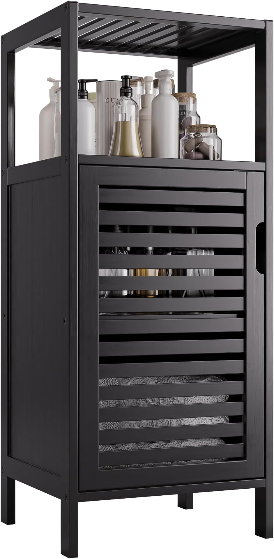 HITNET Bamboo Floor Cabinet, Small Bathroom Cabinet Floor Standing, 4 Tier Narrow Side Storage Cabinet, Space Saving Kitchen Cupboard with Single Door, Black