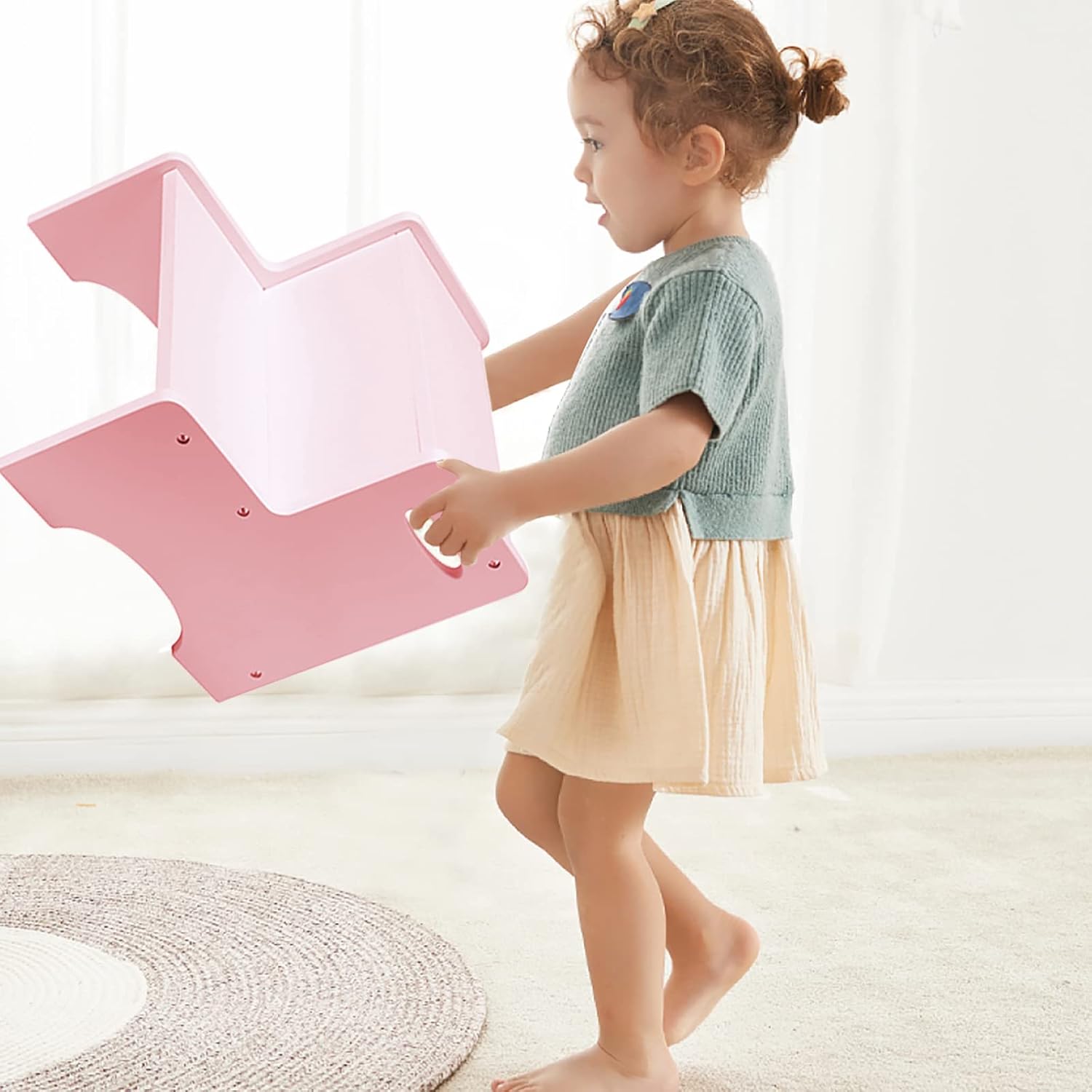 WOOD CITY Wooden Toddler Step Stool for Kids, Pink Two Step Children's Stool with Handles, Bonus Non-Slip Pads for Safety, Bathroom Potty Stool & Kitchen Step Stools Dual Height